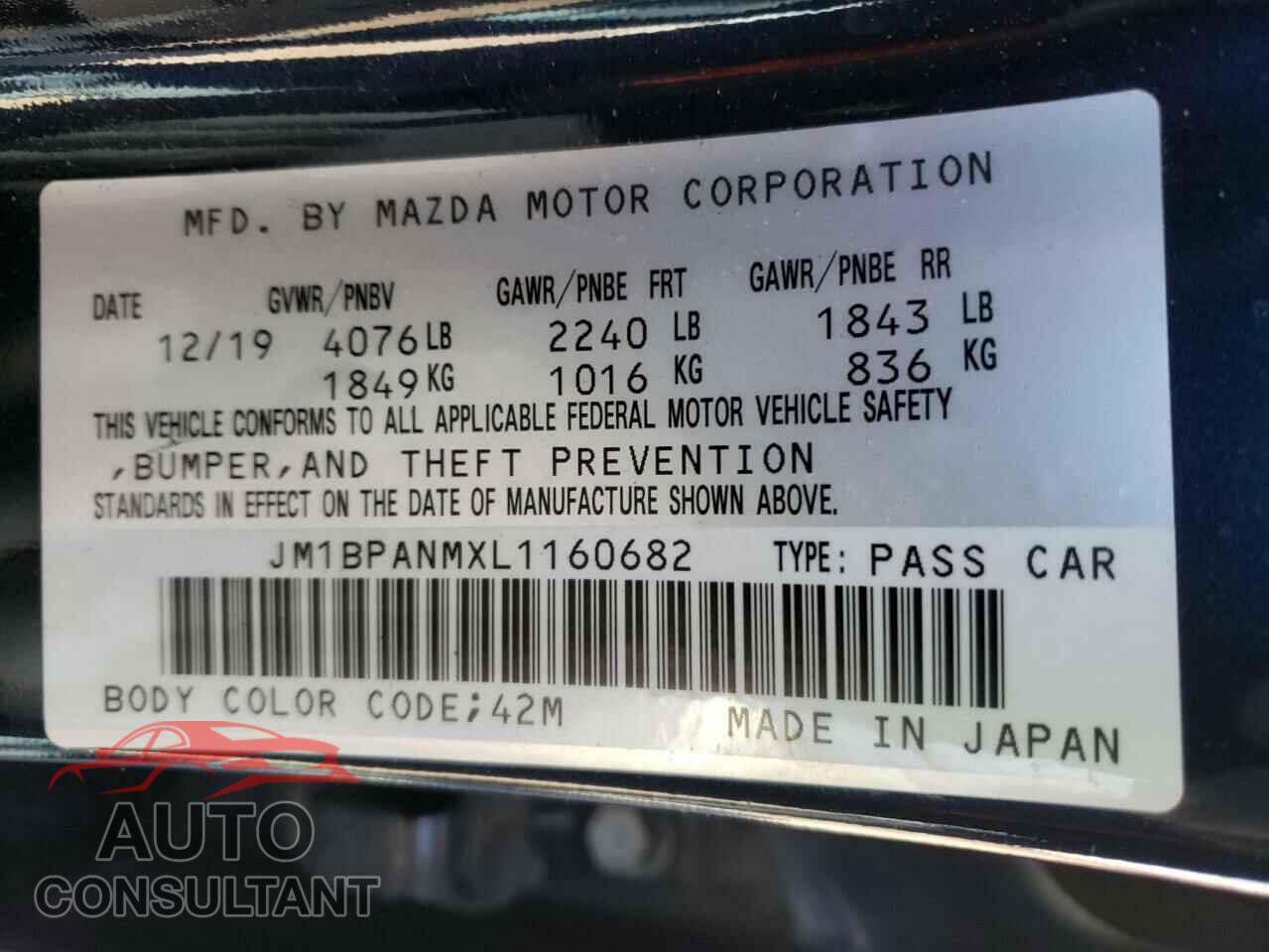 MAZDA 3 2020 - JM1BPANMXL1160682