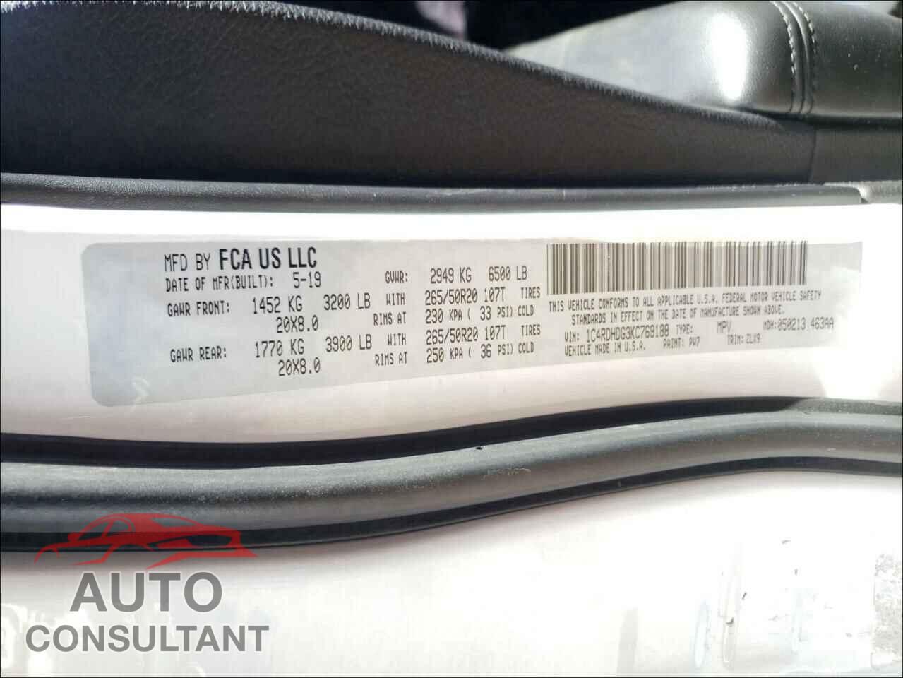 DODGE DURANGO 2019 - 1C4RDHDG3KC769188