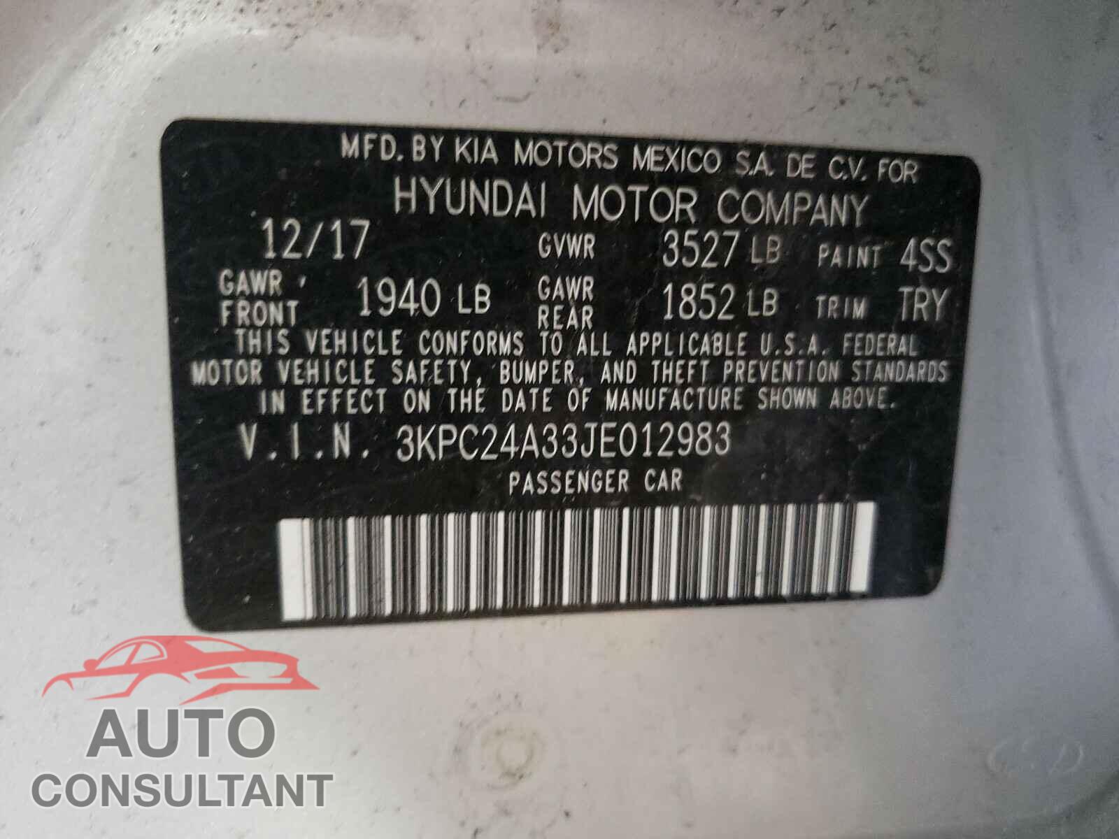 HYUNDAI ACCENT 2018 - 3KPC24A33JE012983