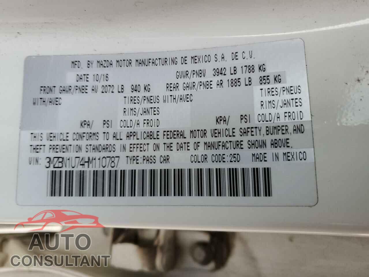 MAZDA 3 2017 - 3MZBN1U74HM110787