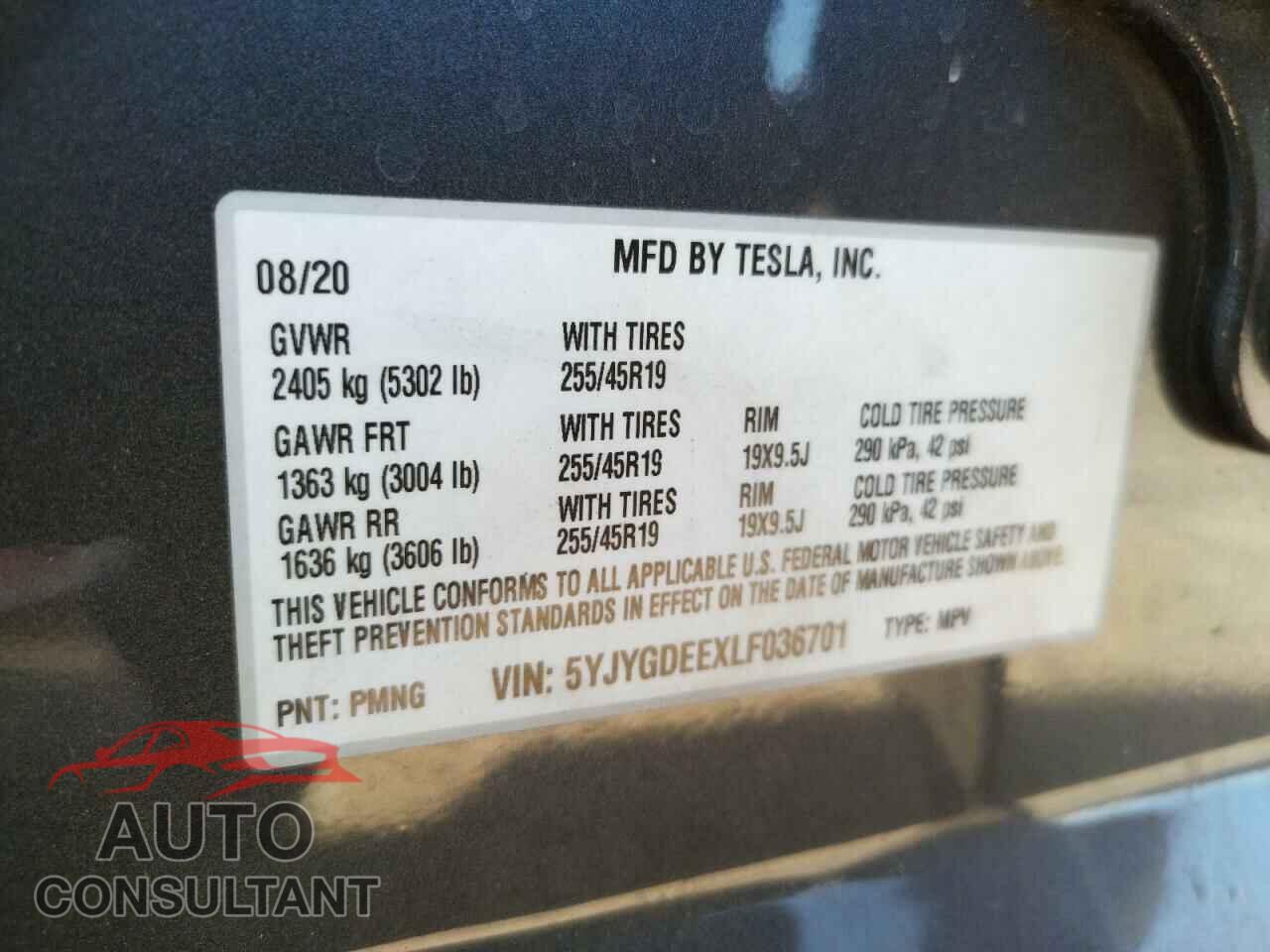 TESLA MODEL Y 2020 - 5YJYGDEEXLF036701