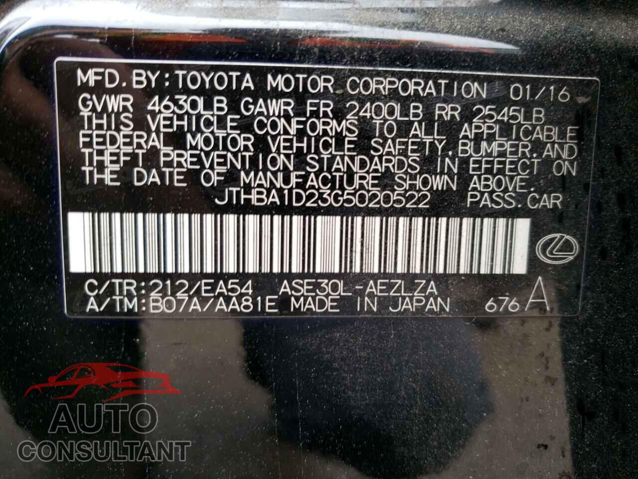 LEXUS IS 2016 - JTHBA1D23G5020522