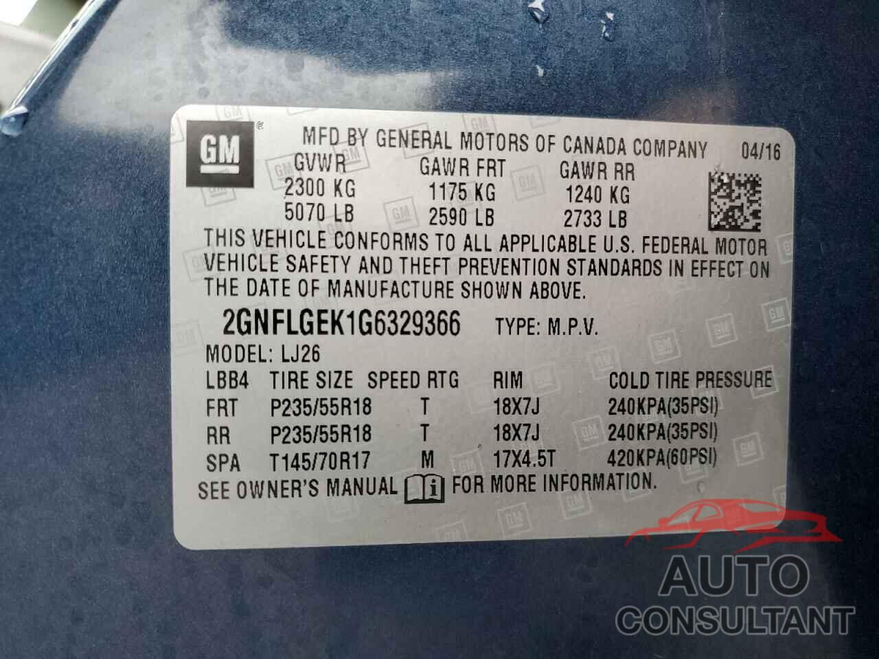 CHEVROLET EQUINOX 2016 - 2GNFLGEK1G6329366