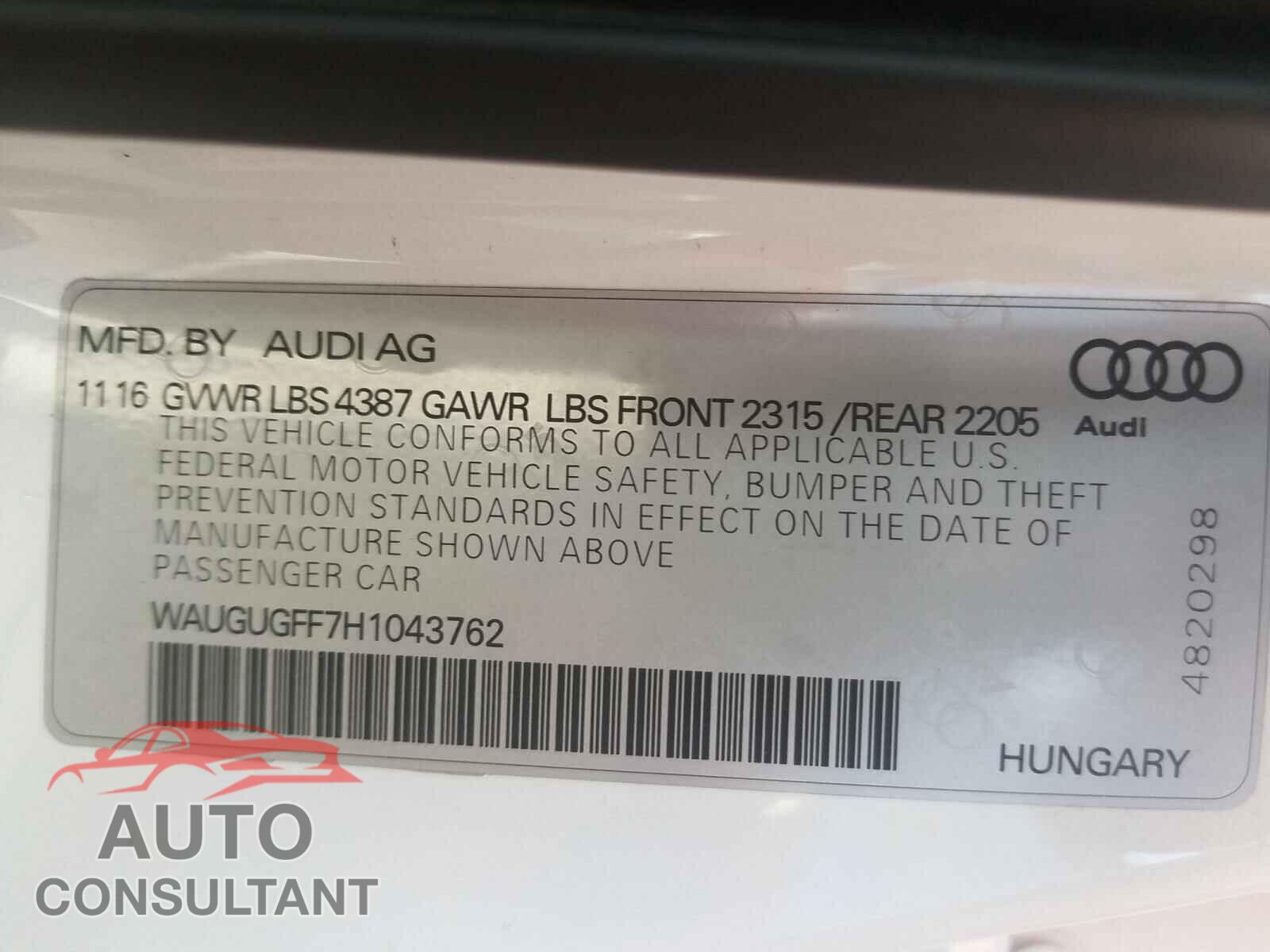 AUDI A3 2017 - WAUGUGFF7H1043762