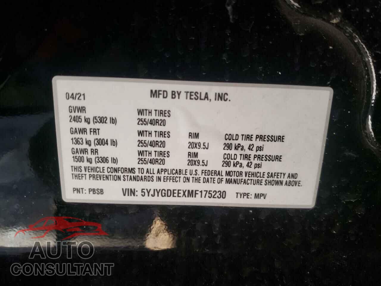 TESLA MODEL Y 2021 - 5YJYGDEEXMF175230