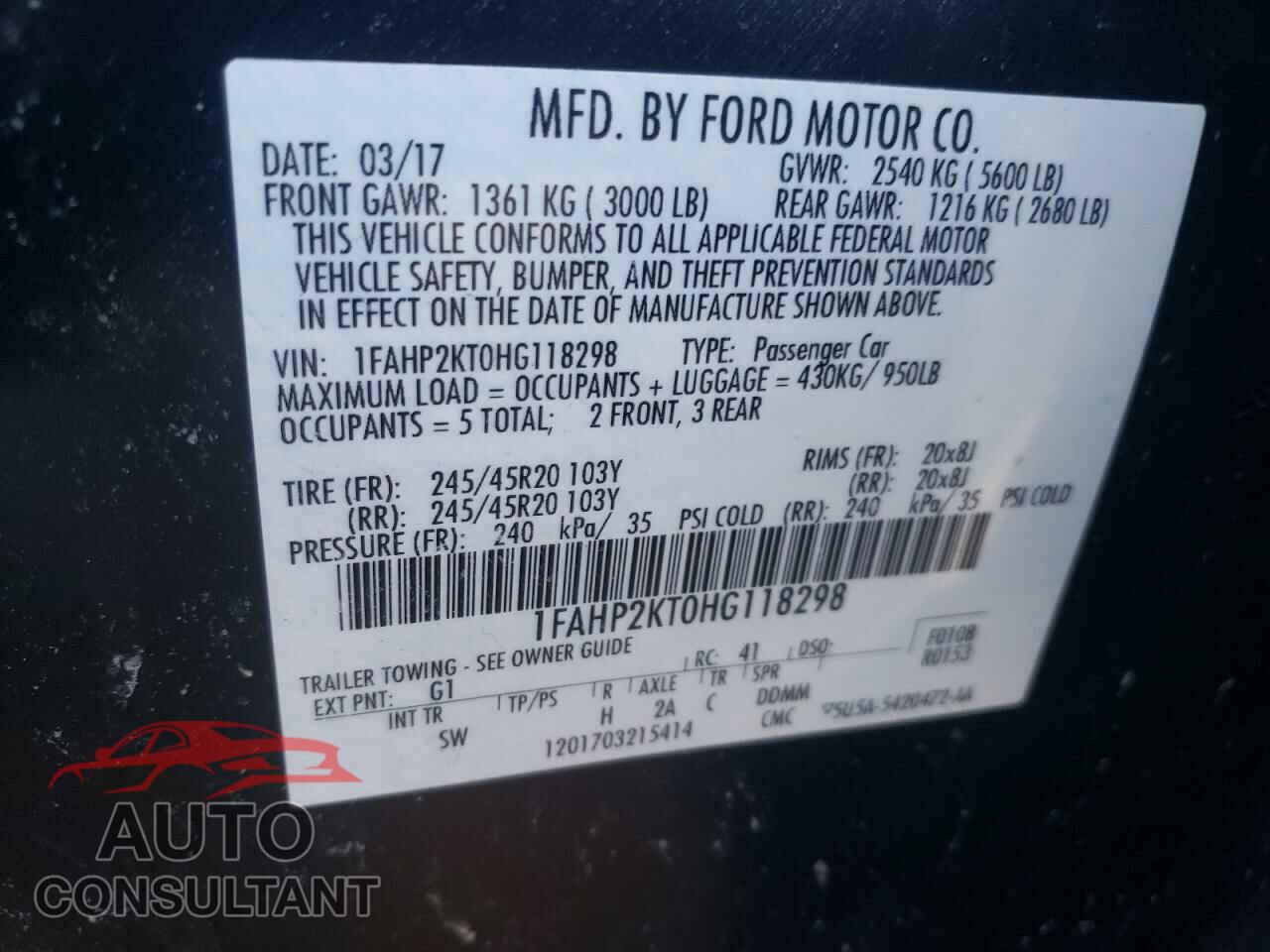 FORD TAURUS 2017 - 1FAHP2KT0HG118298
