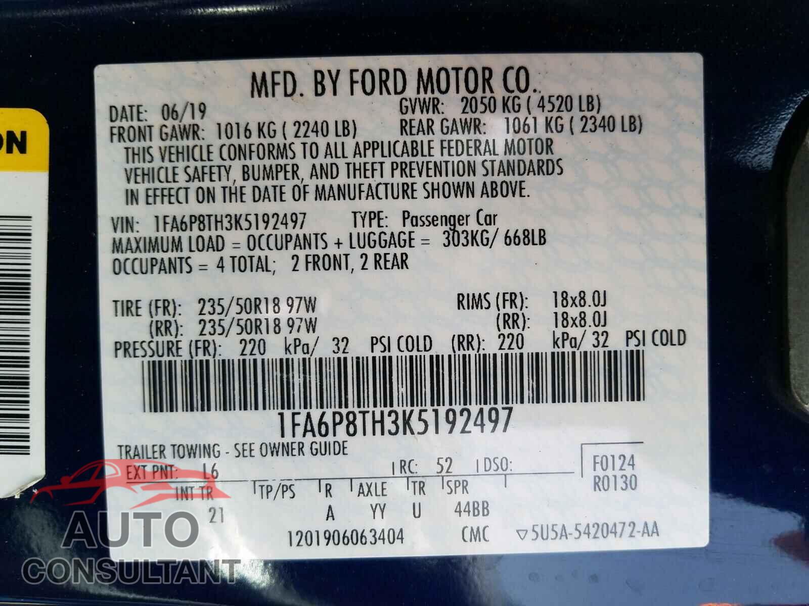 FORD MUSTANG 2019 - 1FA6P8TH3K5192497