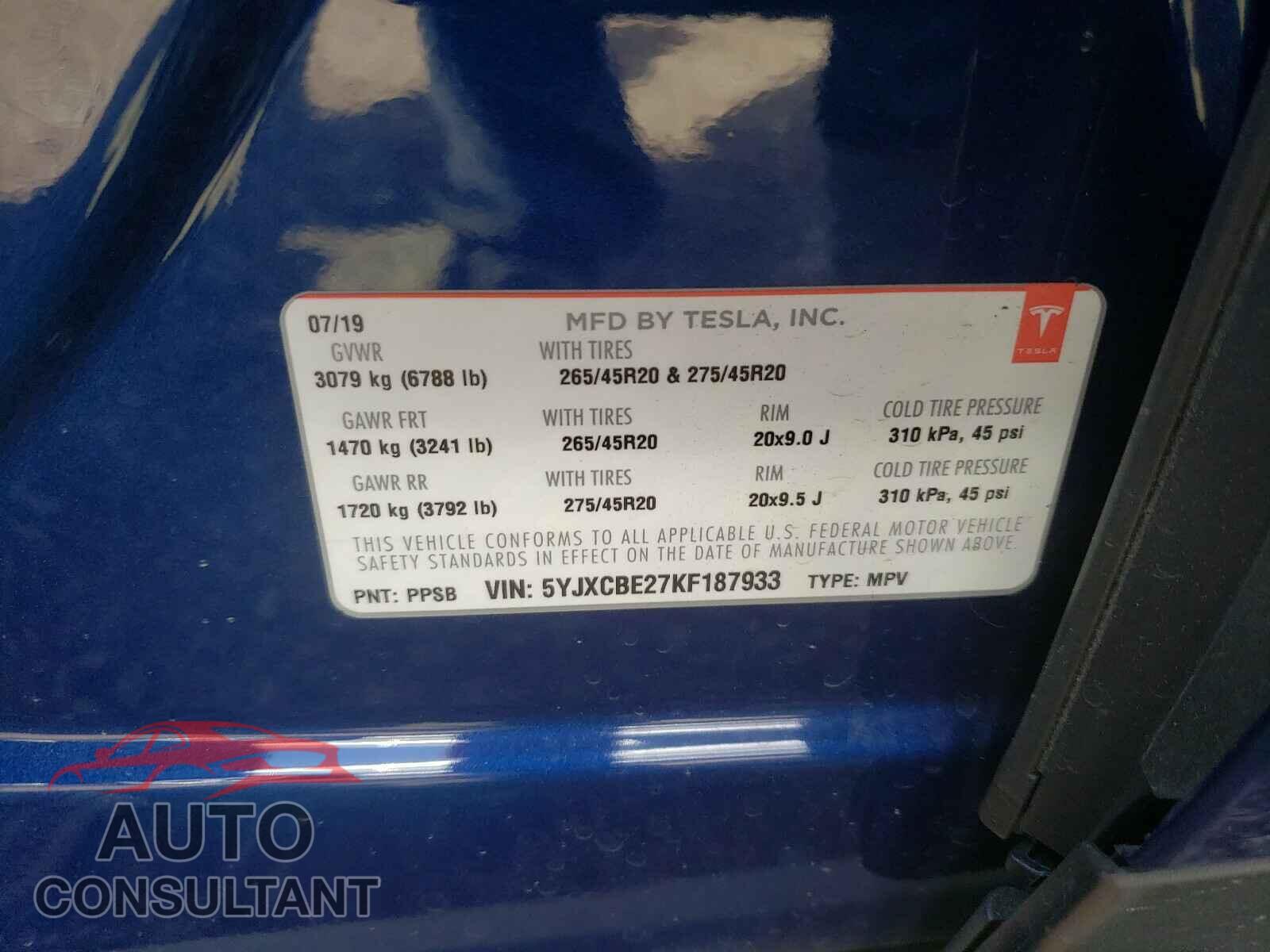 TESLA MODEL X 2019 - 5YJXCBE27KF187933