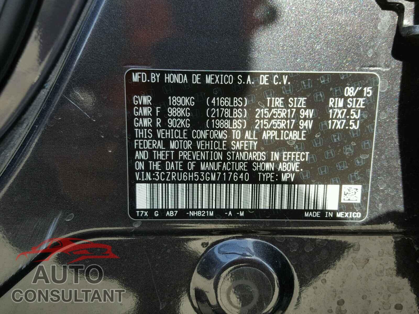 HONDA HR-V 2016 - 3CZRU6H53GM717640