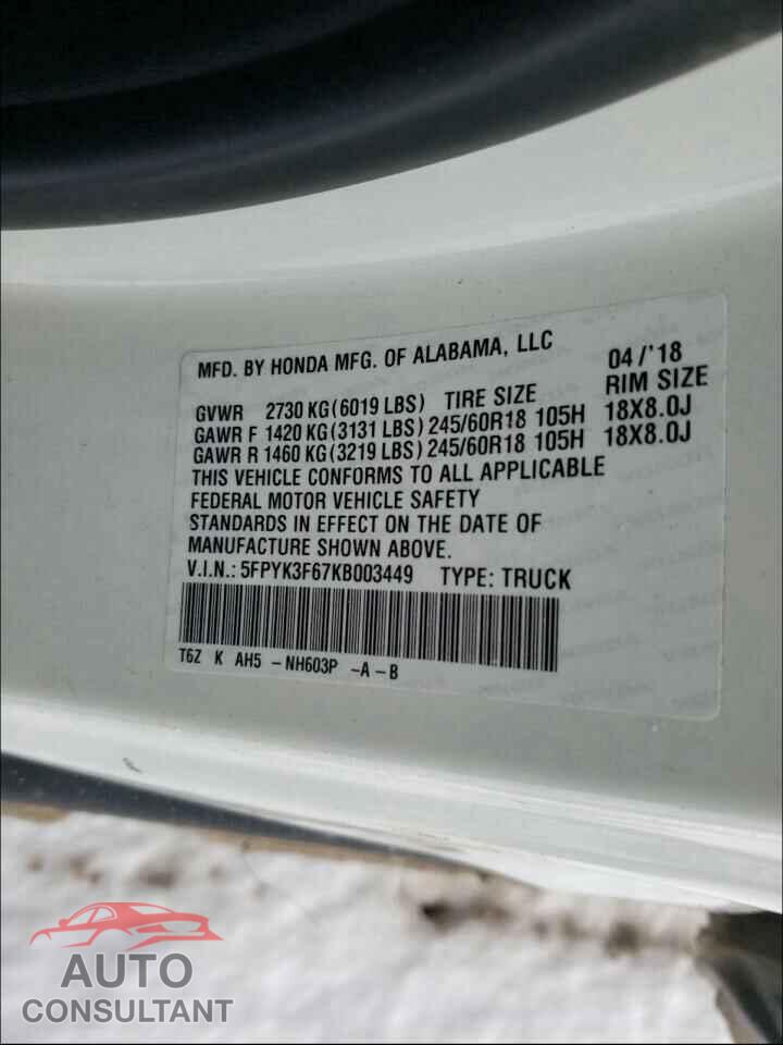 HONDA RIDGELINE 2019 - 5FPYK3F67KB003449