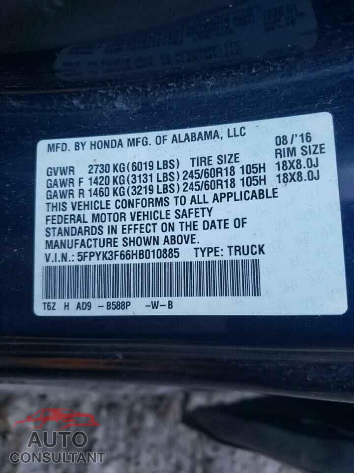 HONDA RIDGELINE 2017 - 5FPYK3F66HB010885