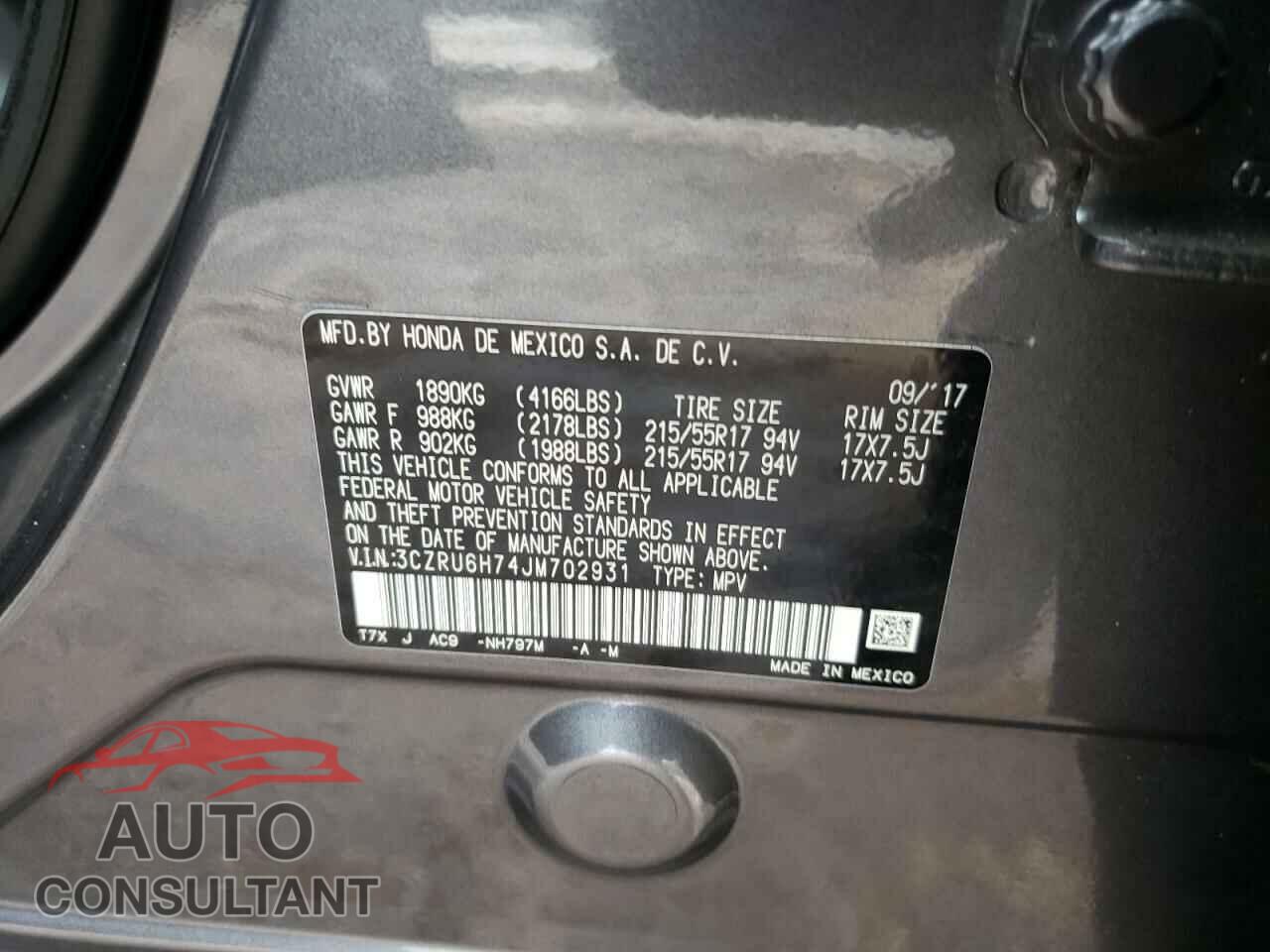 HONDA HR-V 2018 - 3CZRU6H74JM702931