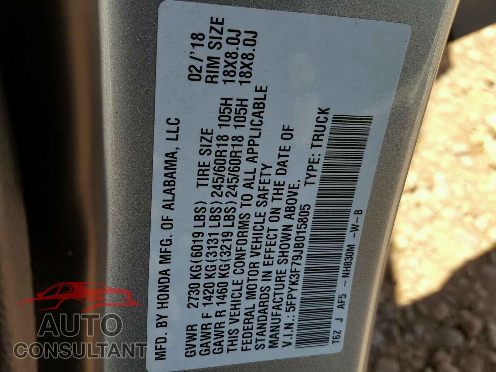 HONDA RIDGELINE 2018 - 5FPYK3F79JB015805