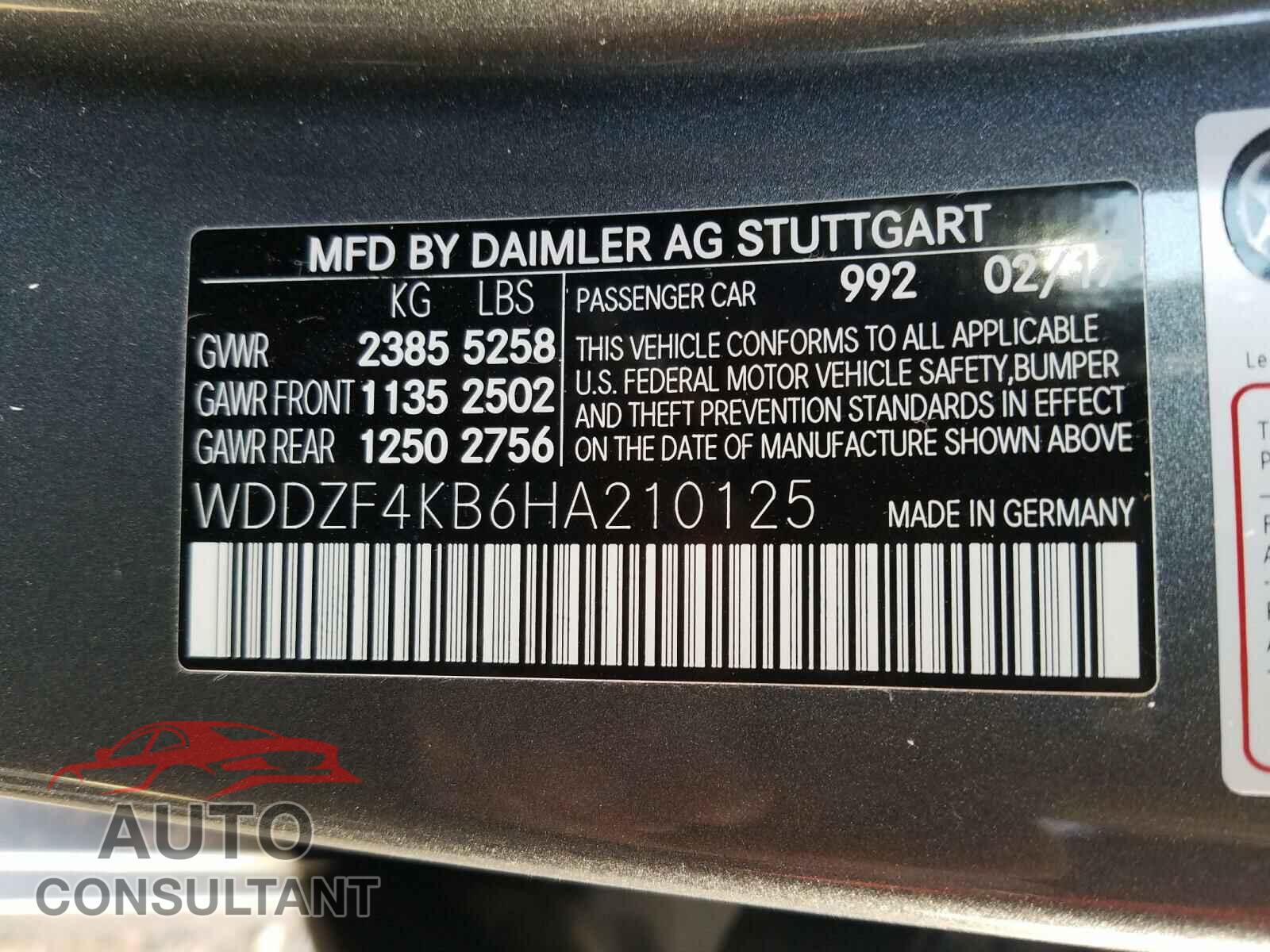 MERCEDES-BENZ E CLASS 2017 - WDDZF4KB6HA210125