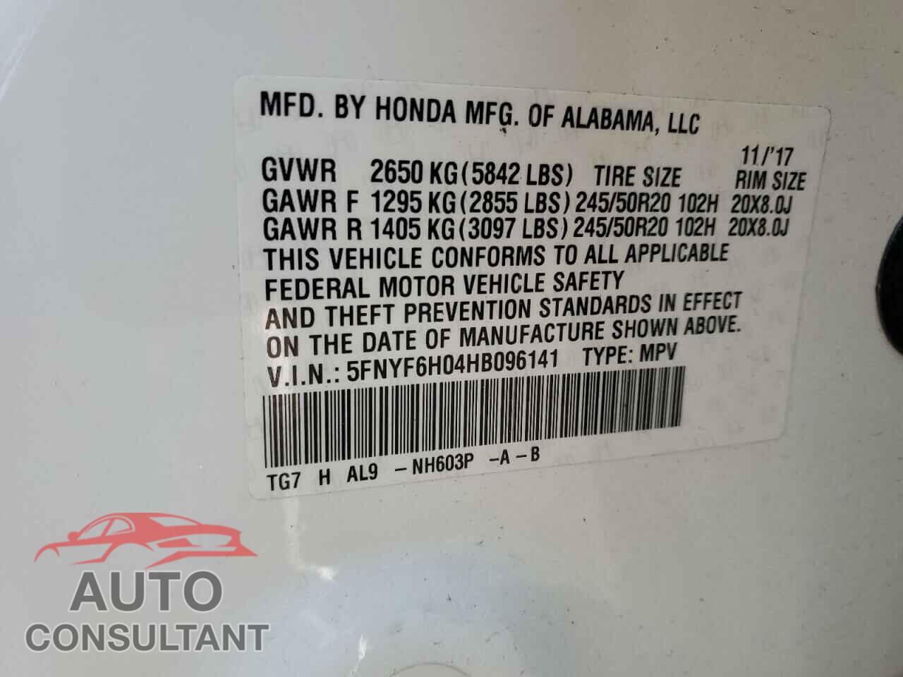HONDA PILOT 2017 - 5FNYF6H04HB096141