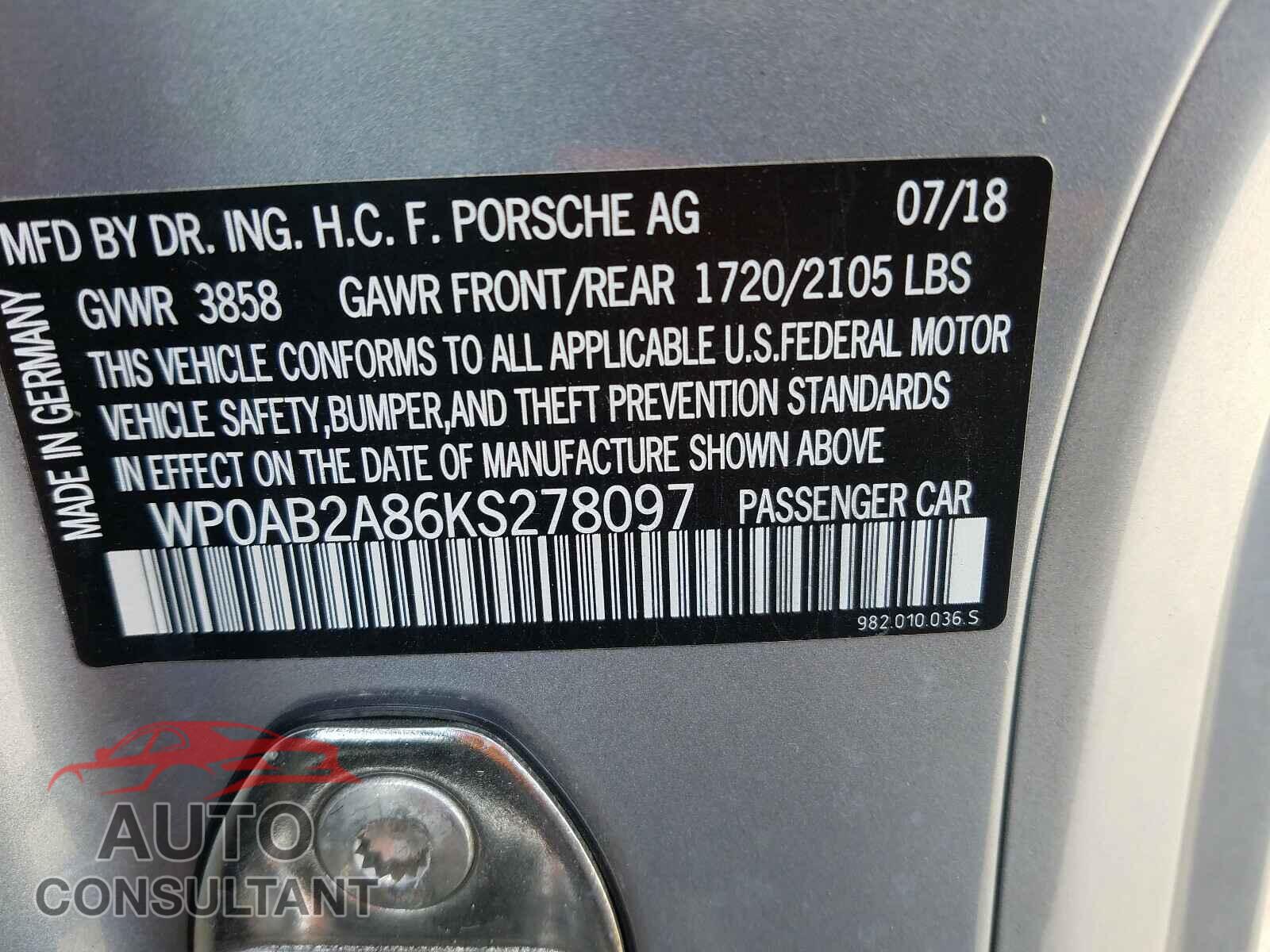 PORSCHE CAYMAN 2019 - WP0AB2A86KS278097