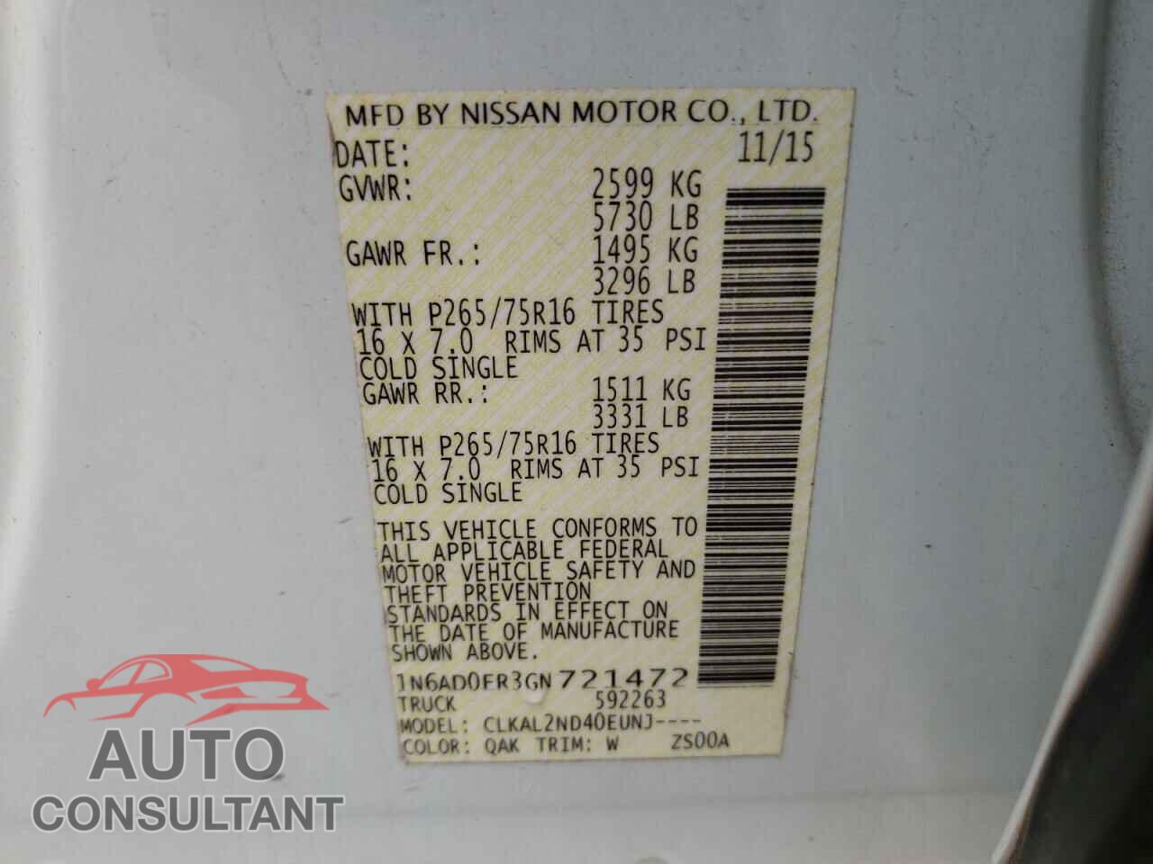 NISSAN FRONTIER 2016 - 1N6AD0ER3GN721472