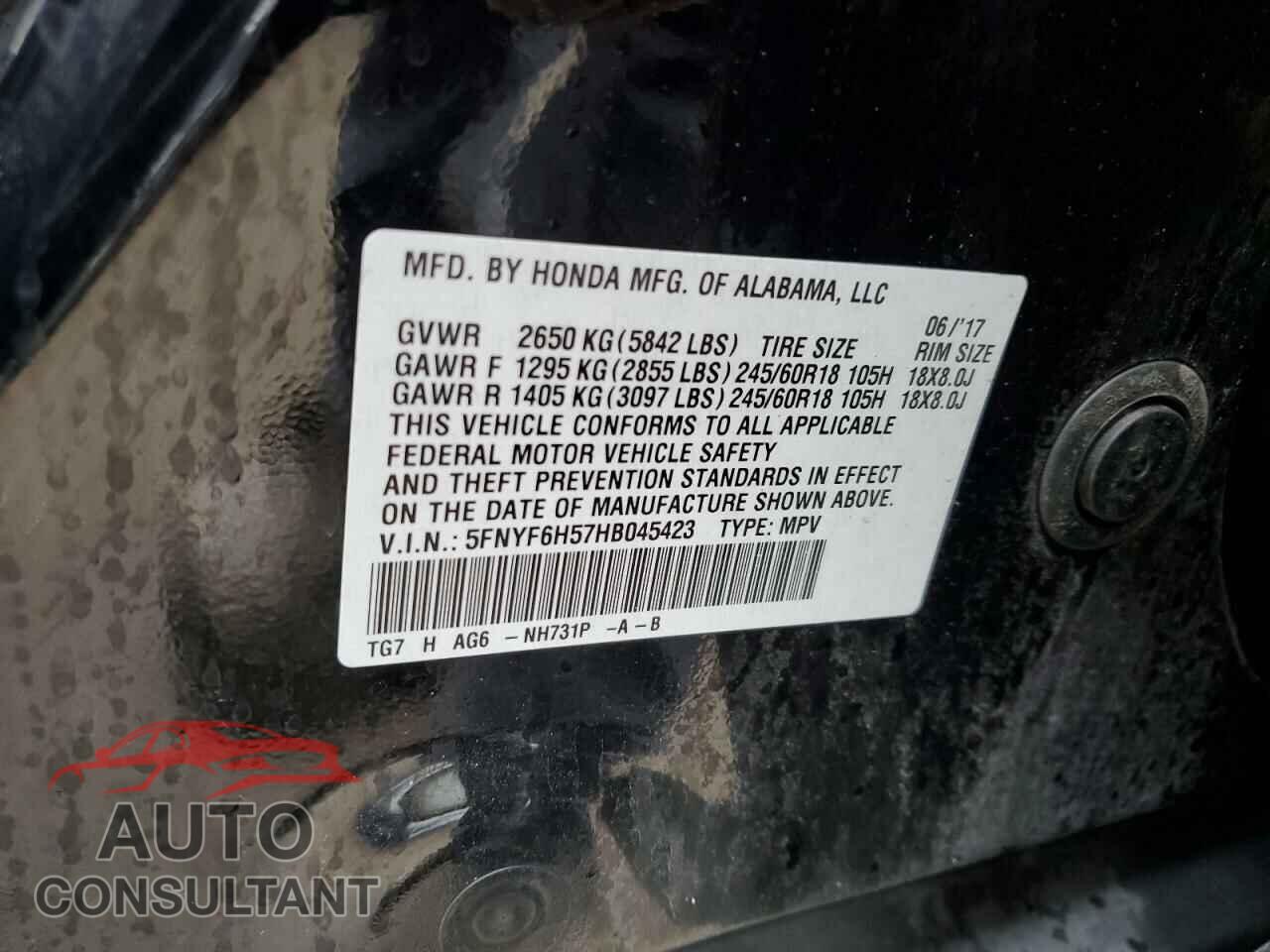 HONDA PILOT 2017 - 5FNYF6H57HB045423