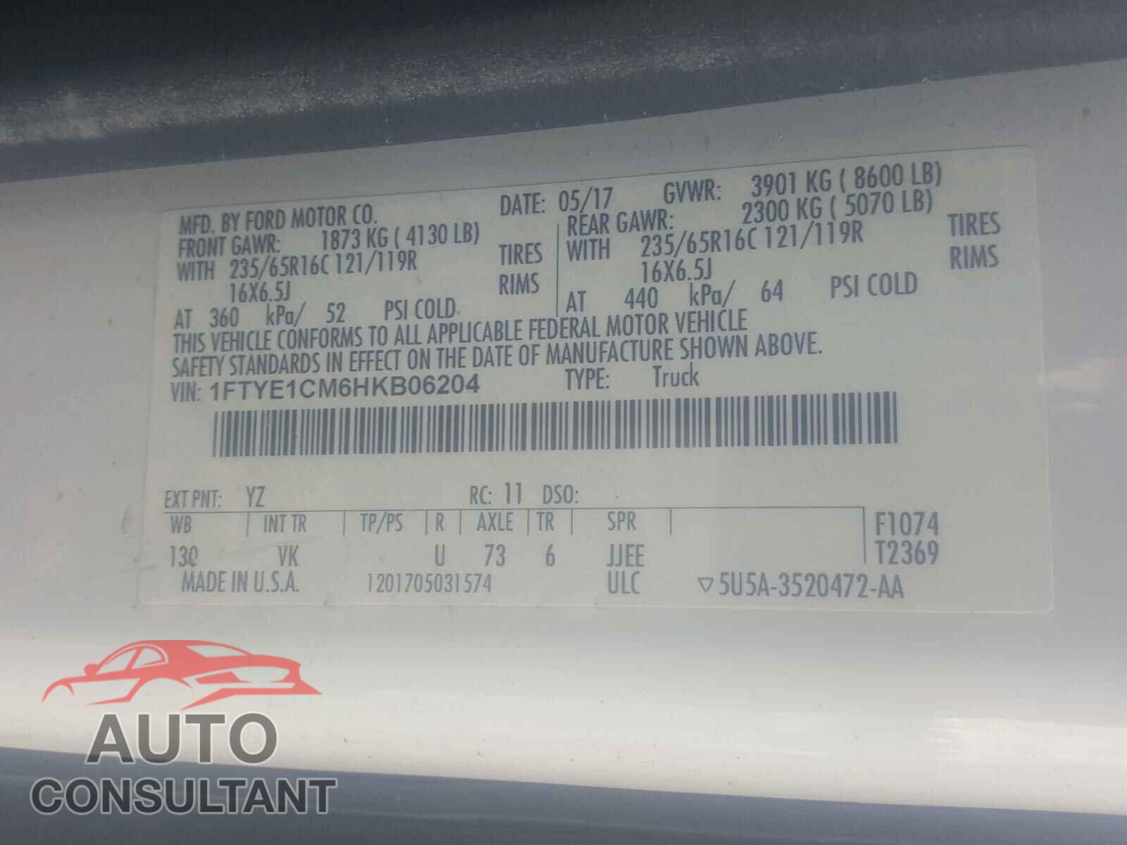 FORD TRANSIT CO 2017 - 1FTYE1CM6HKB06204