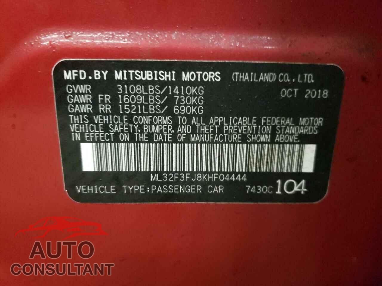 MITSUBISHI MIRAGE 2019 - ML32F3FJ8KHF04444
