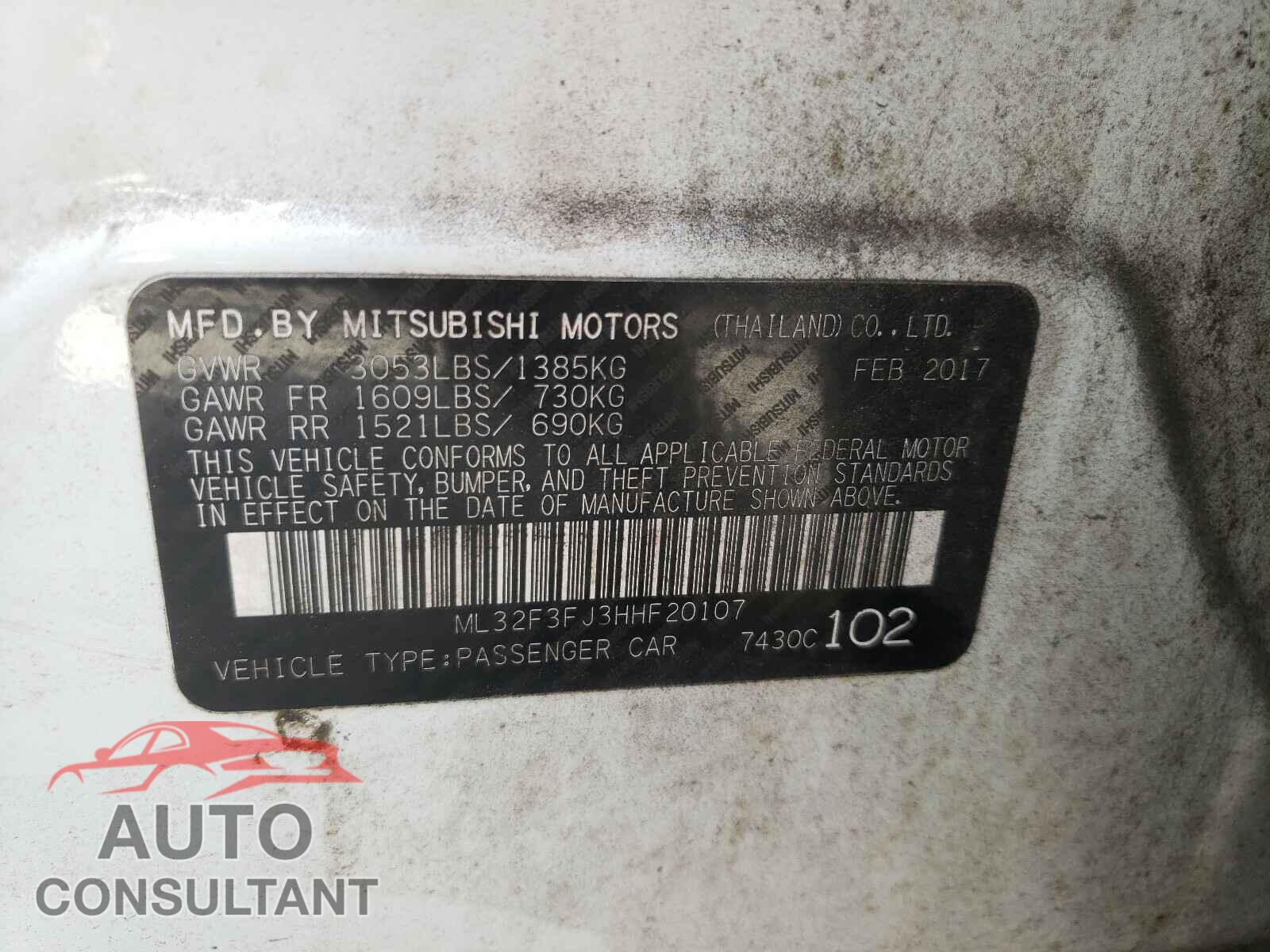 MITSUBISHI MIRAGE 2017 - ML32F3FJ3HHF20107