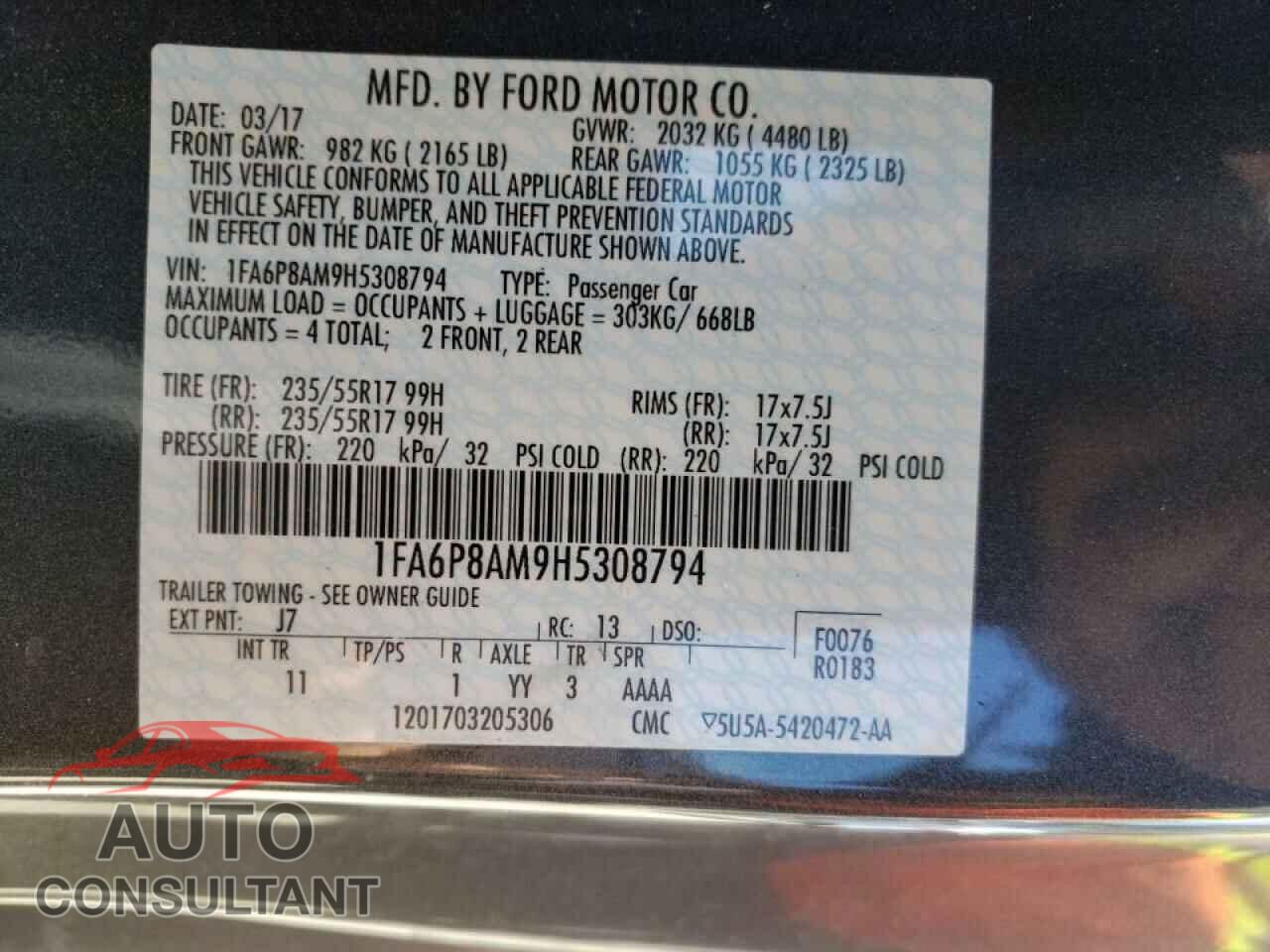 FORD MUSTANG 2017 - 1FA6P8AM9H5308794