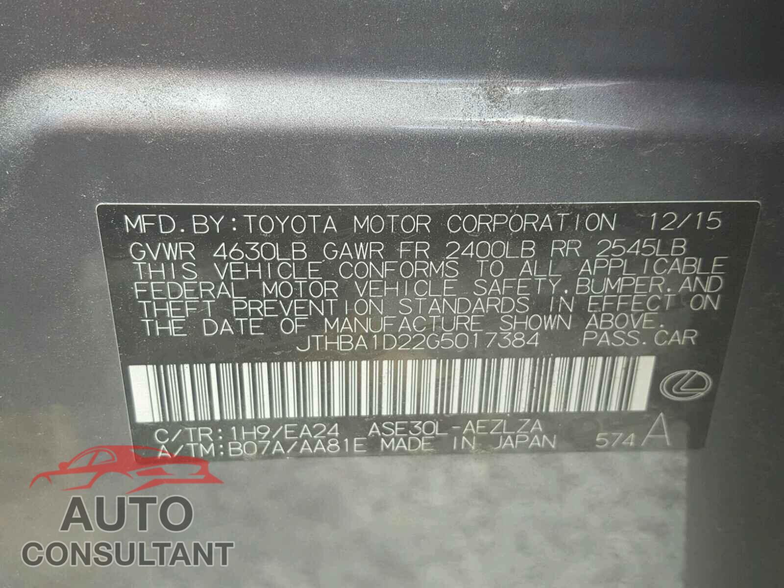 LEXUS IS 2016 - JTHBA1D22G5017384