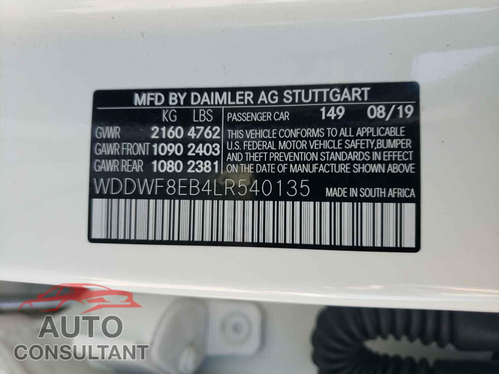 MERCEDES-BENZ C CLASS 2020 - WDDWF8EB4LR540135