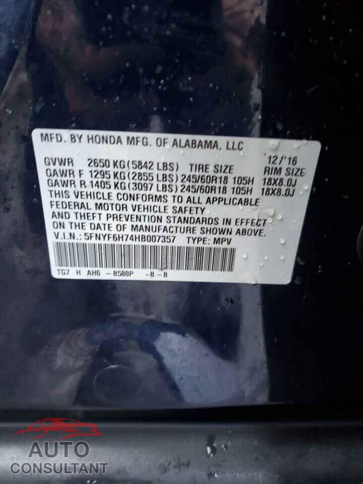 HONDA PILOT 2017 - 5FNYF6H74HB007357