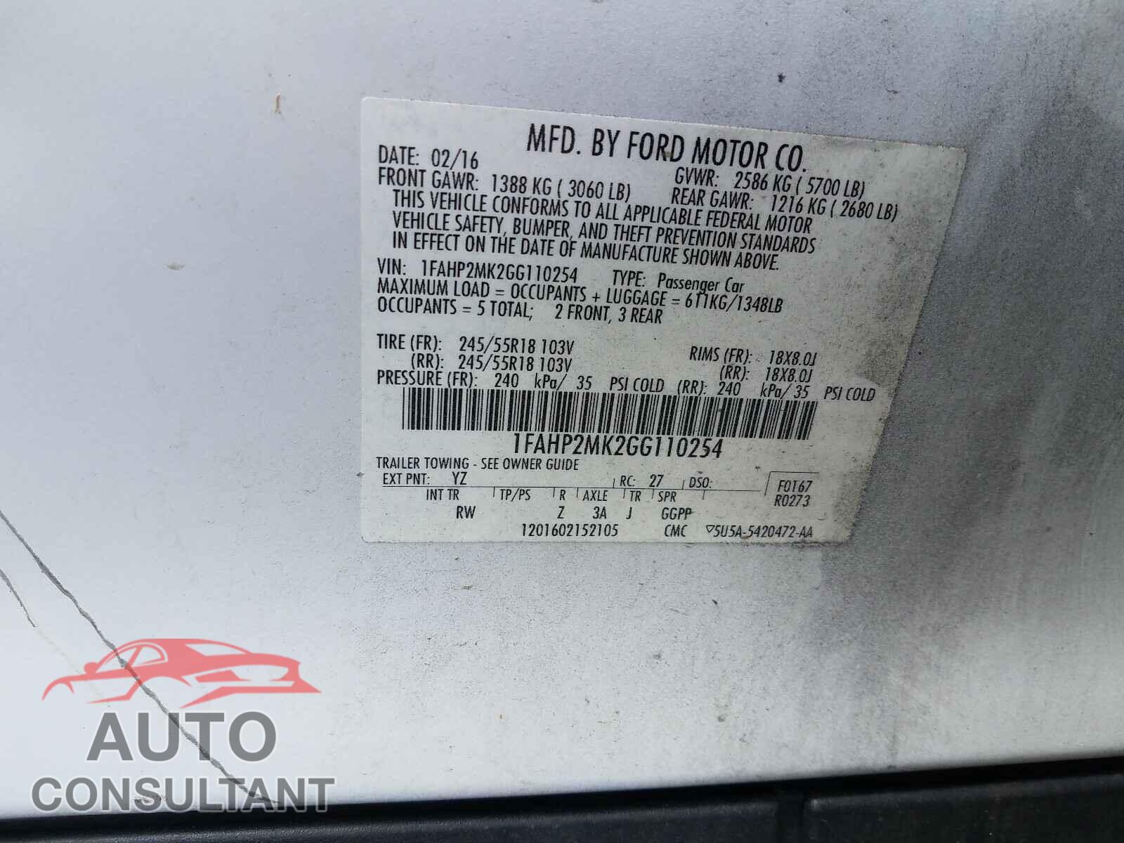 FORD TAURUS 2016 - 1FAHP2MK2GG110254