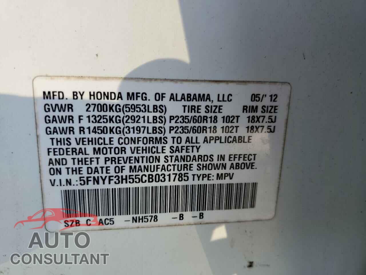 HONDA PILOT 2012 - 5FNYF3H55CB031785