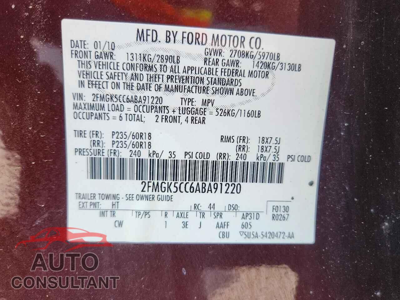 FORD FLEX 2010 - 2FMGK5CC6ABA91220