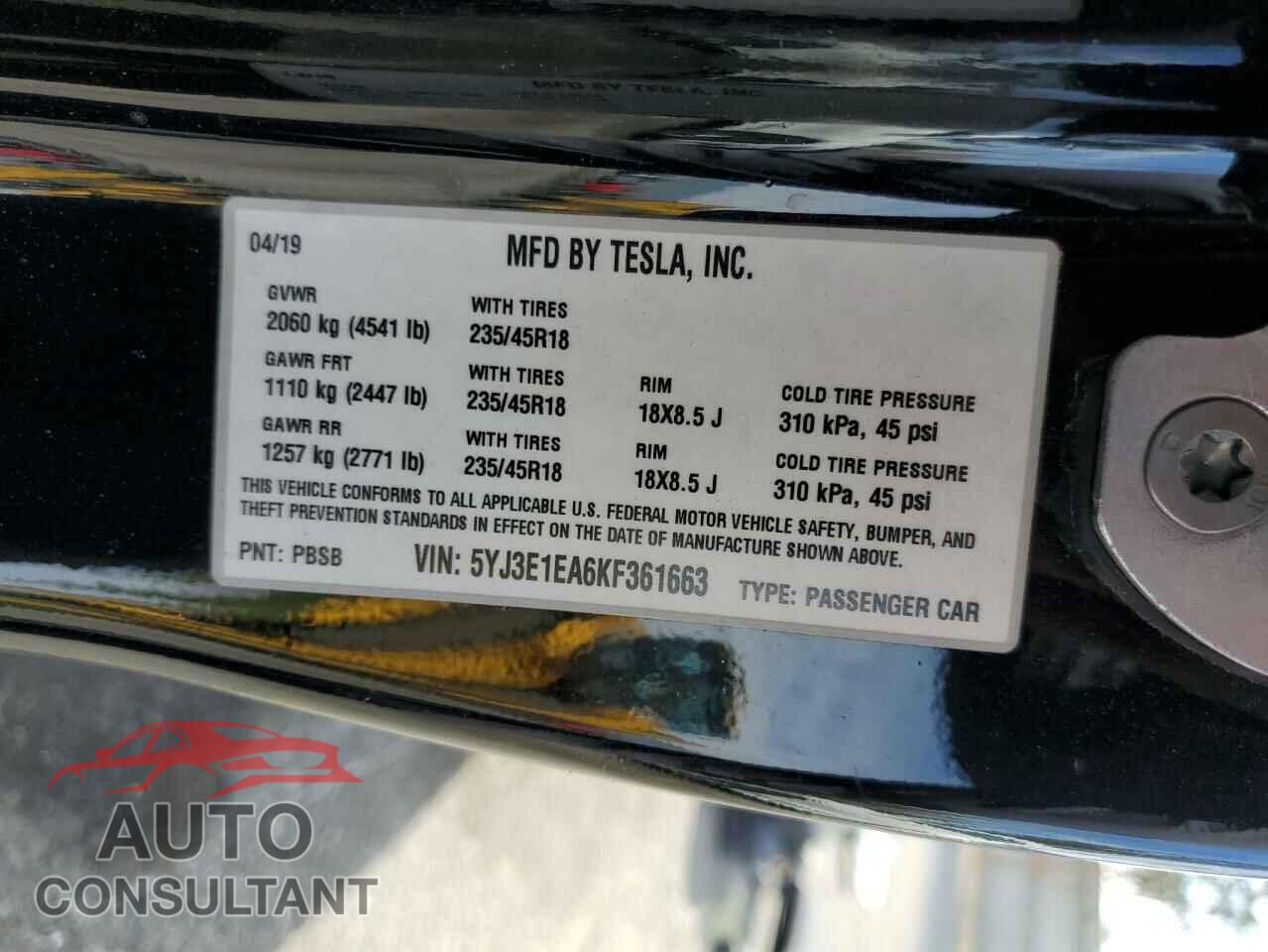 TESLA MODEL 3 2019 - 5YJ3E1EA6KF361663