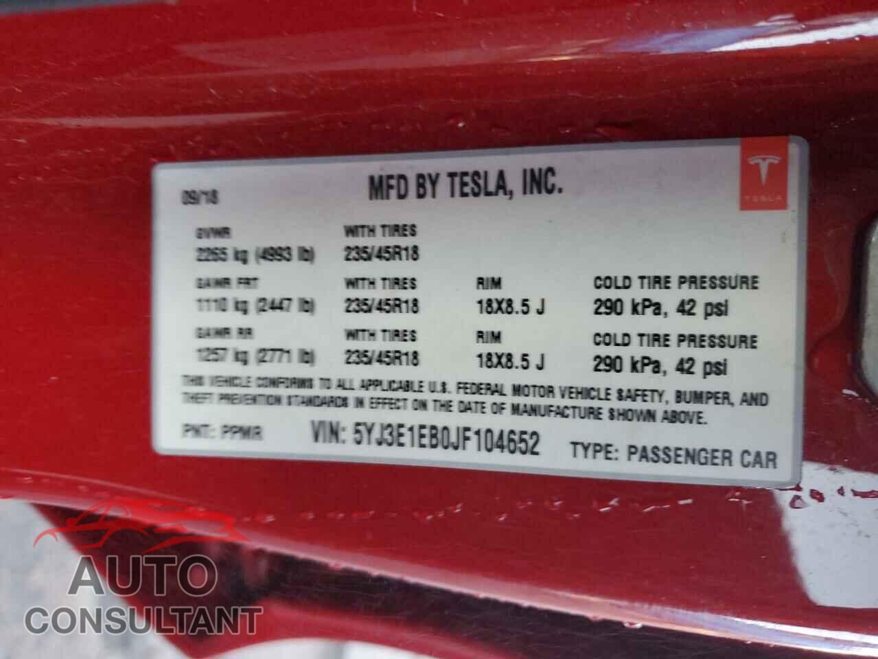 TESLA MODEL 3 2018 - 5YJ3E1EB0JF104652