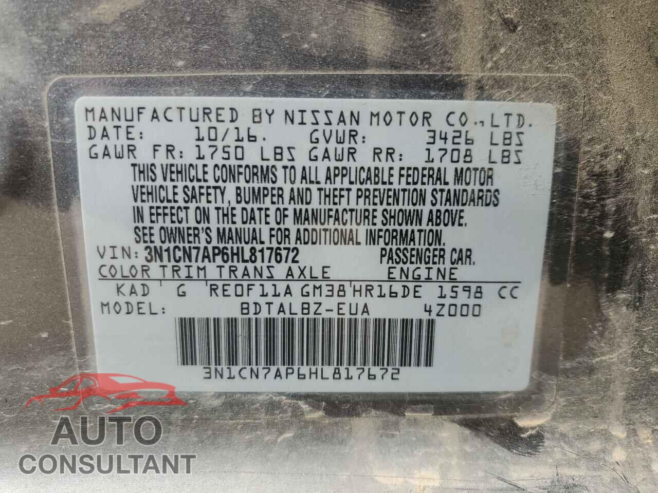 NISSAN VERSA 2017 - 3N1CN7AP6HL817672