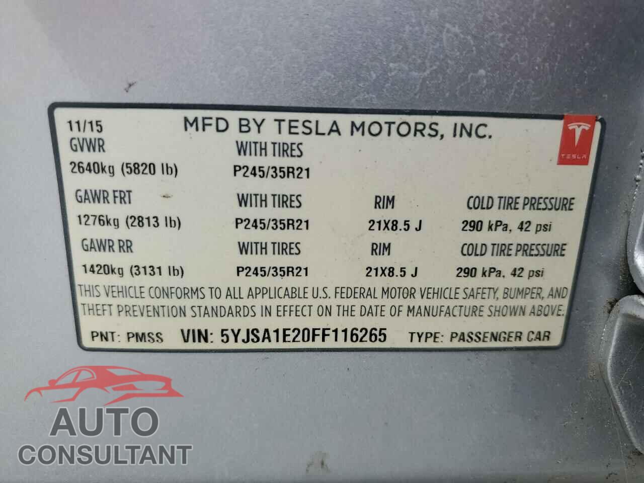 TESLA MODEL S 2015 - 5YJSA1E20FF116265