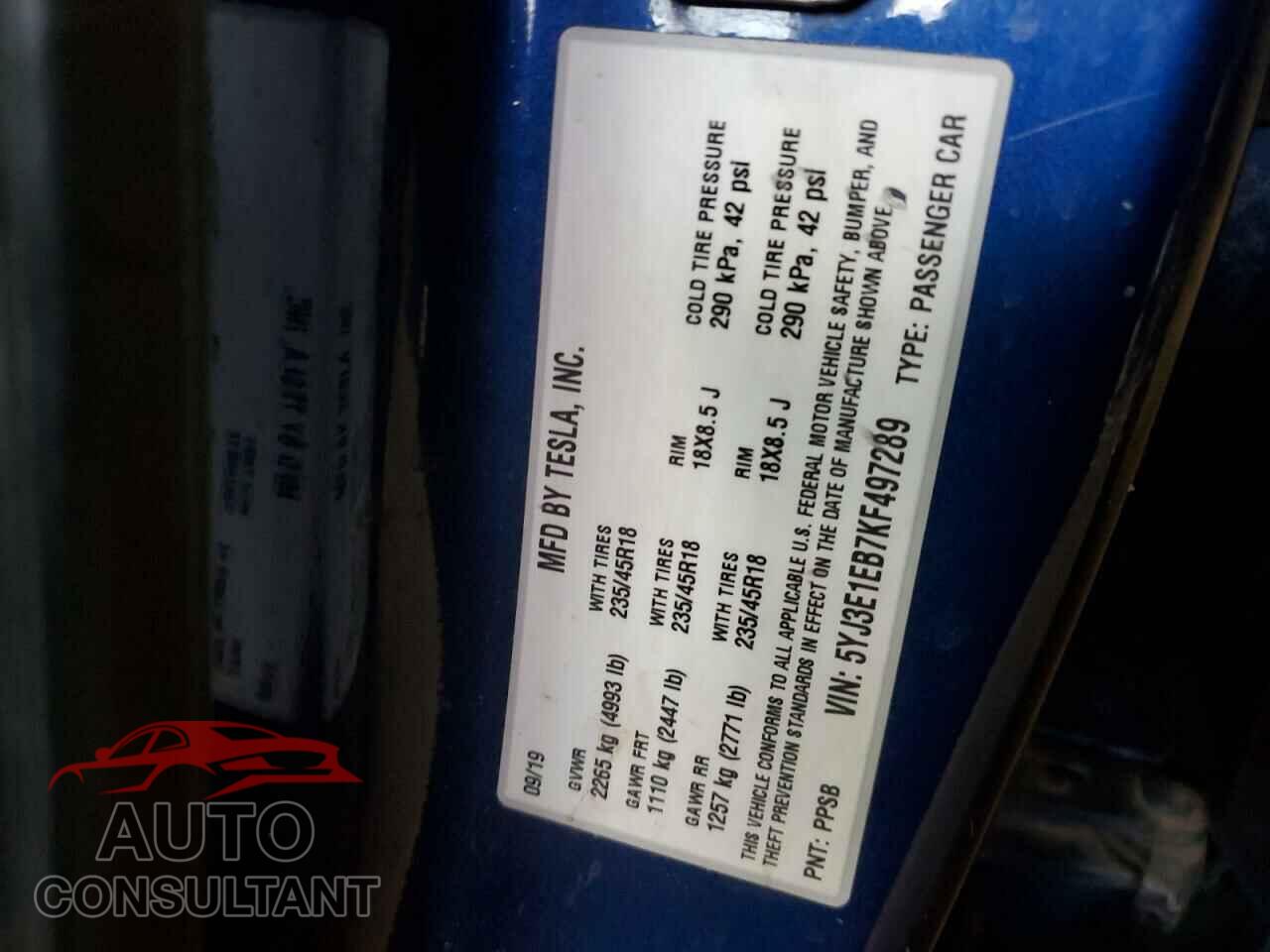 TESLA MODEL 3 2019 - 5YJ3E1EB7KF497289