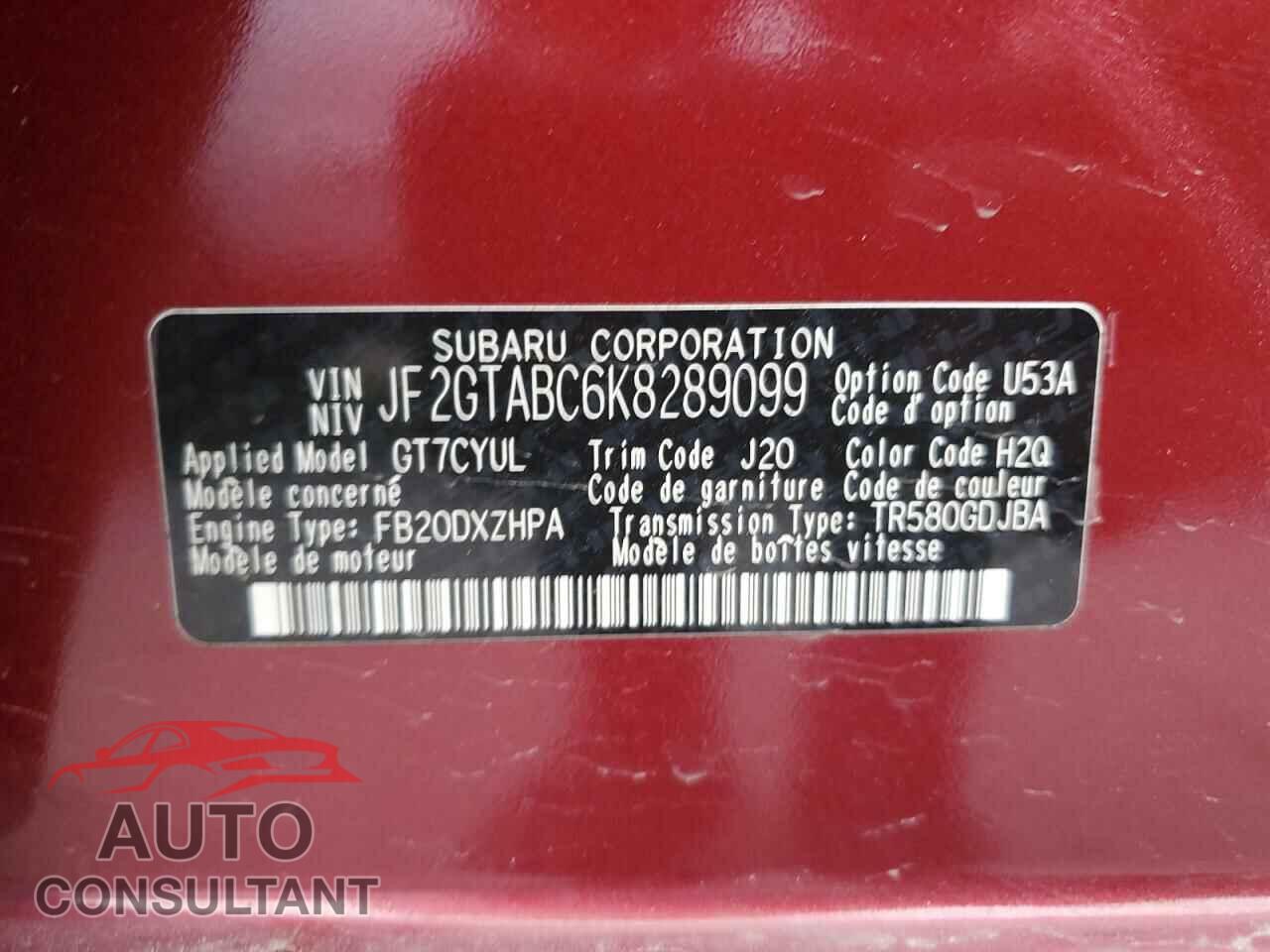 SUBARU CROSSTREK 2019 - JF2GTABC6K8289099