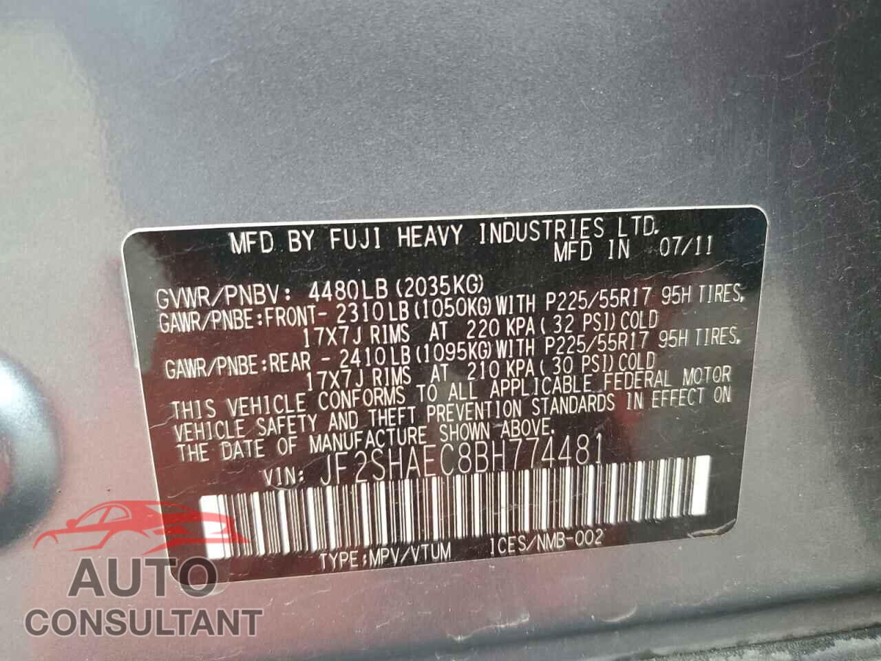 SUBARU FORESTER 2011 - JF2SHAEC8BH774481
