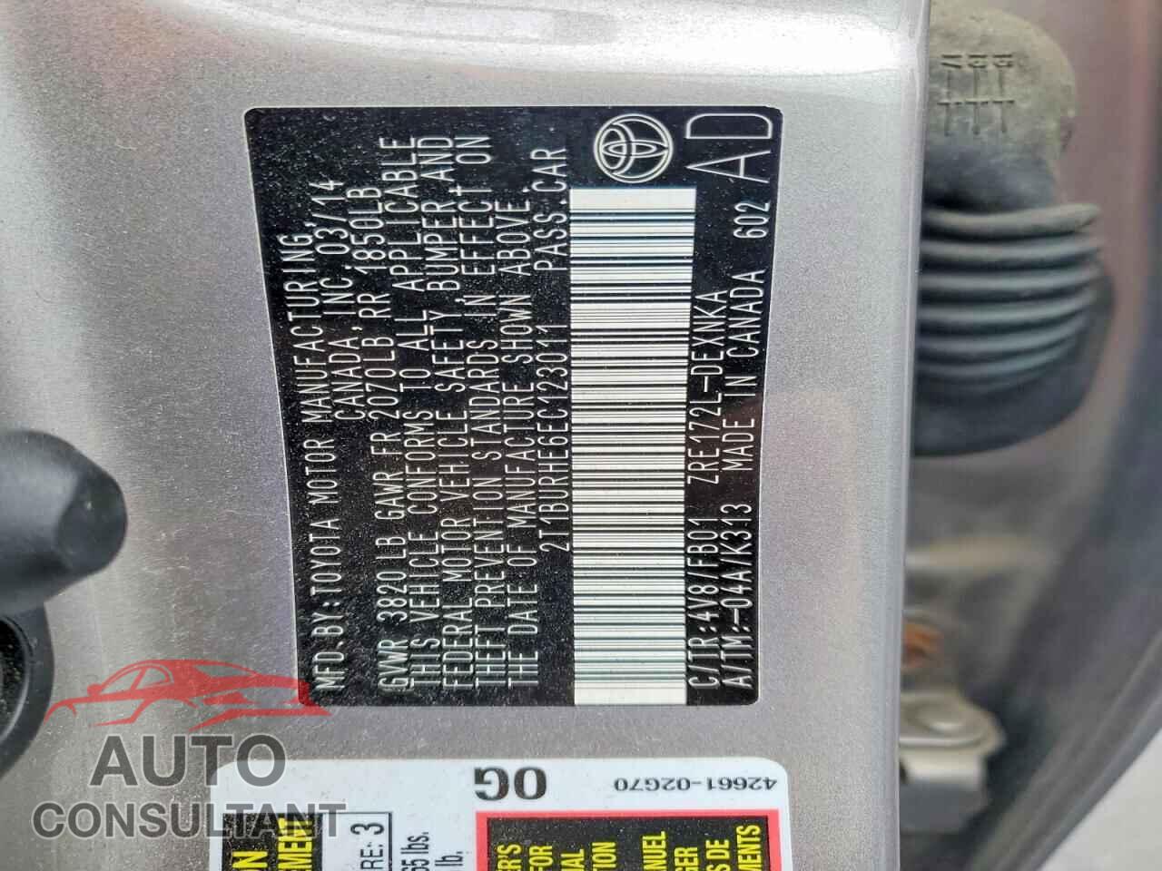 TOYOTA COROLLA 2014 - 2T1BURHE6EC123011