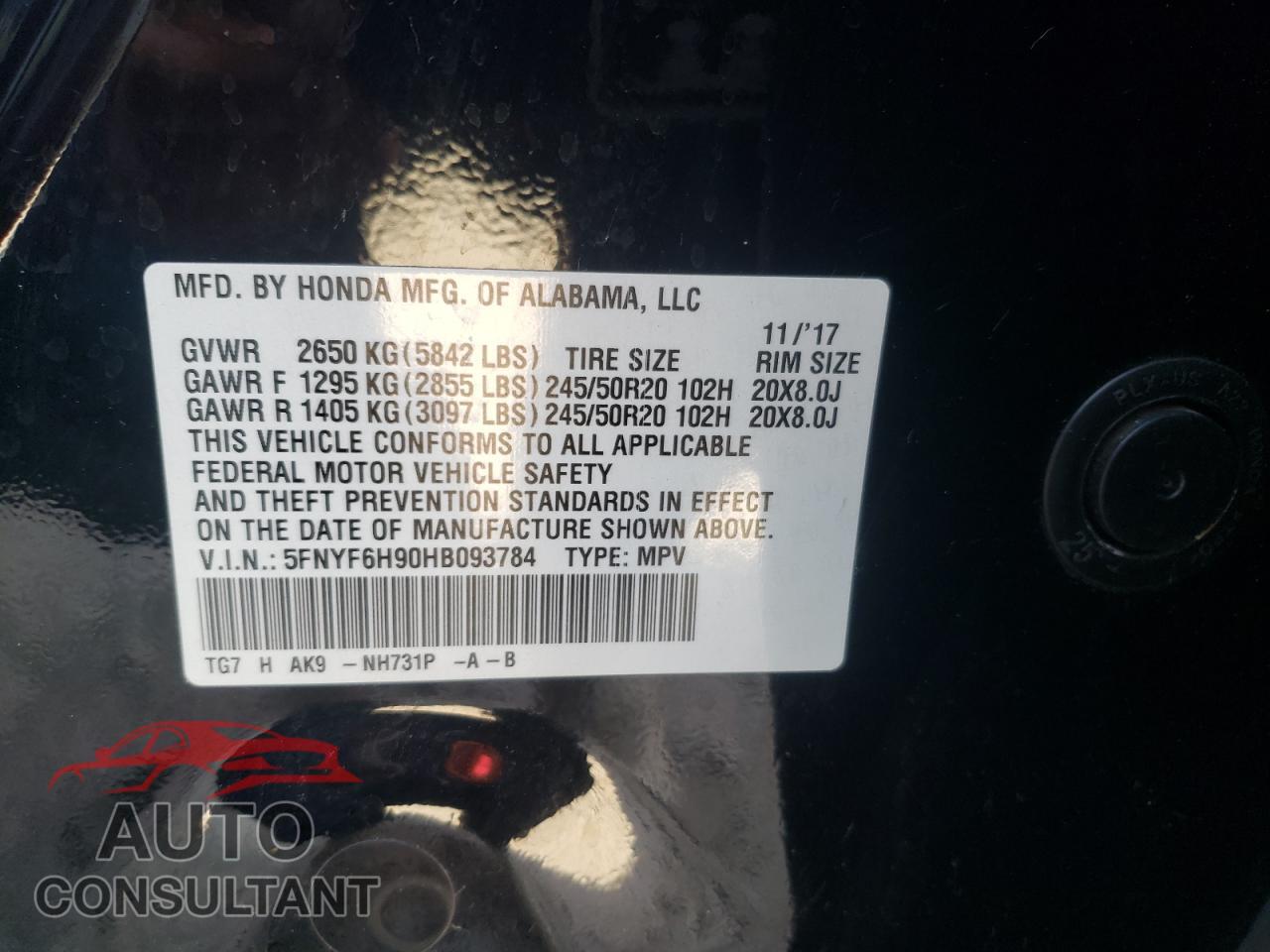 HONDA PILOT 2017 - 5FNYF6H90HB093784