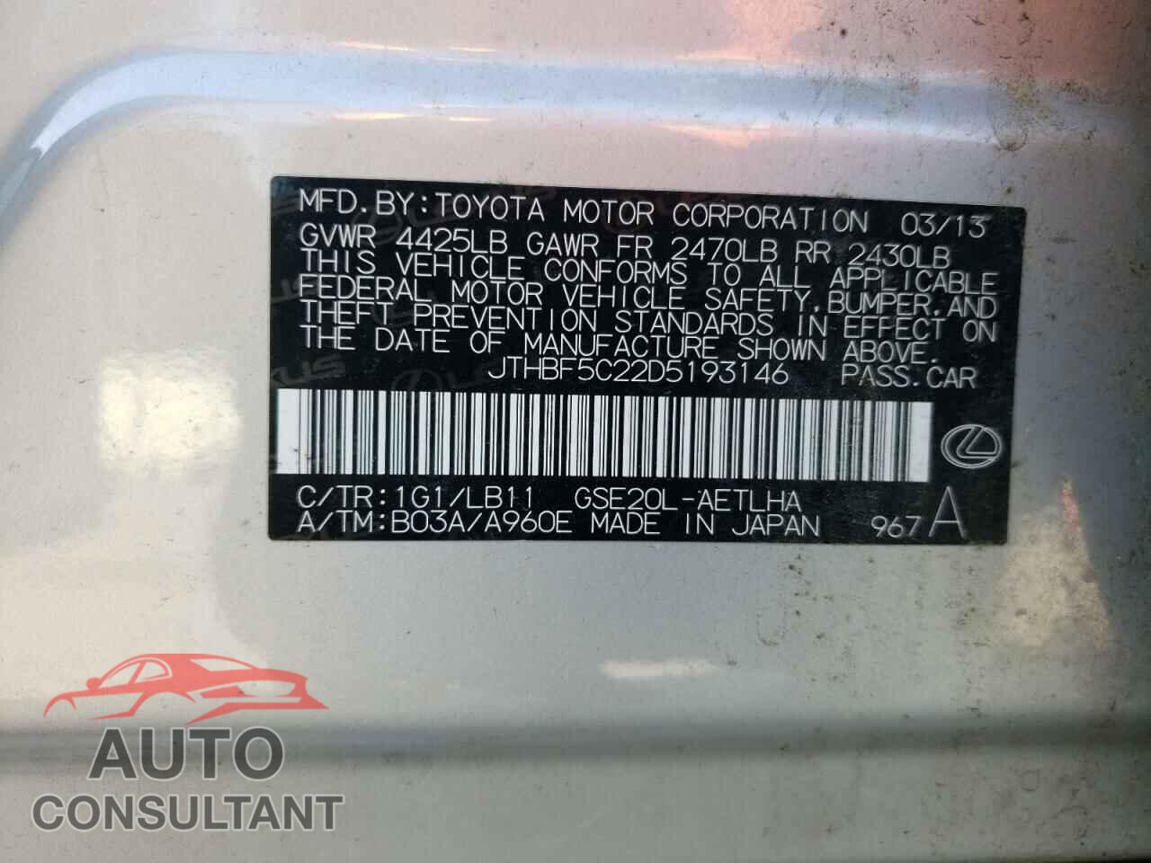 LEXUS IS 2013 - JTHBF5C22D5193146