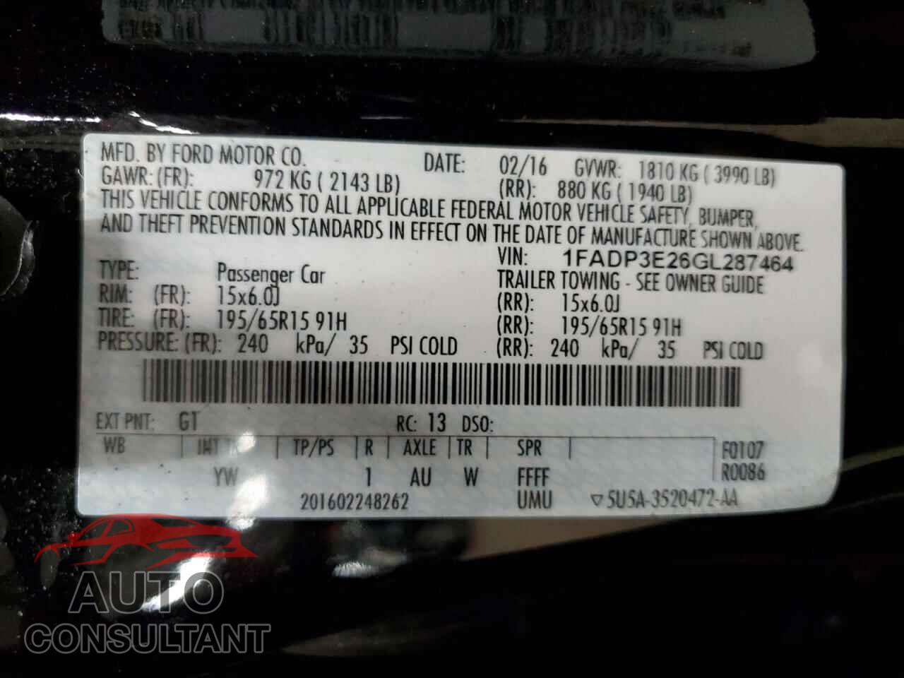FORD FOCUS 2016 - 1FADP3E26GL287464
