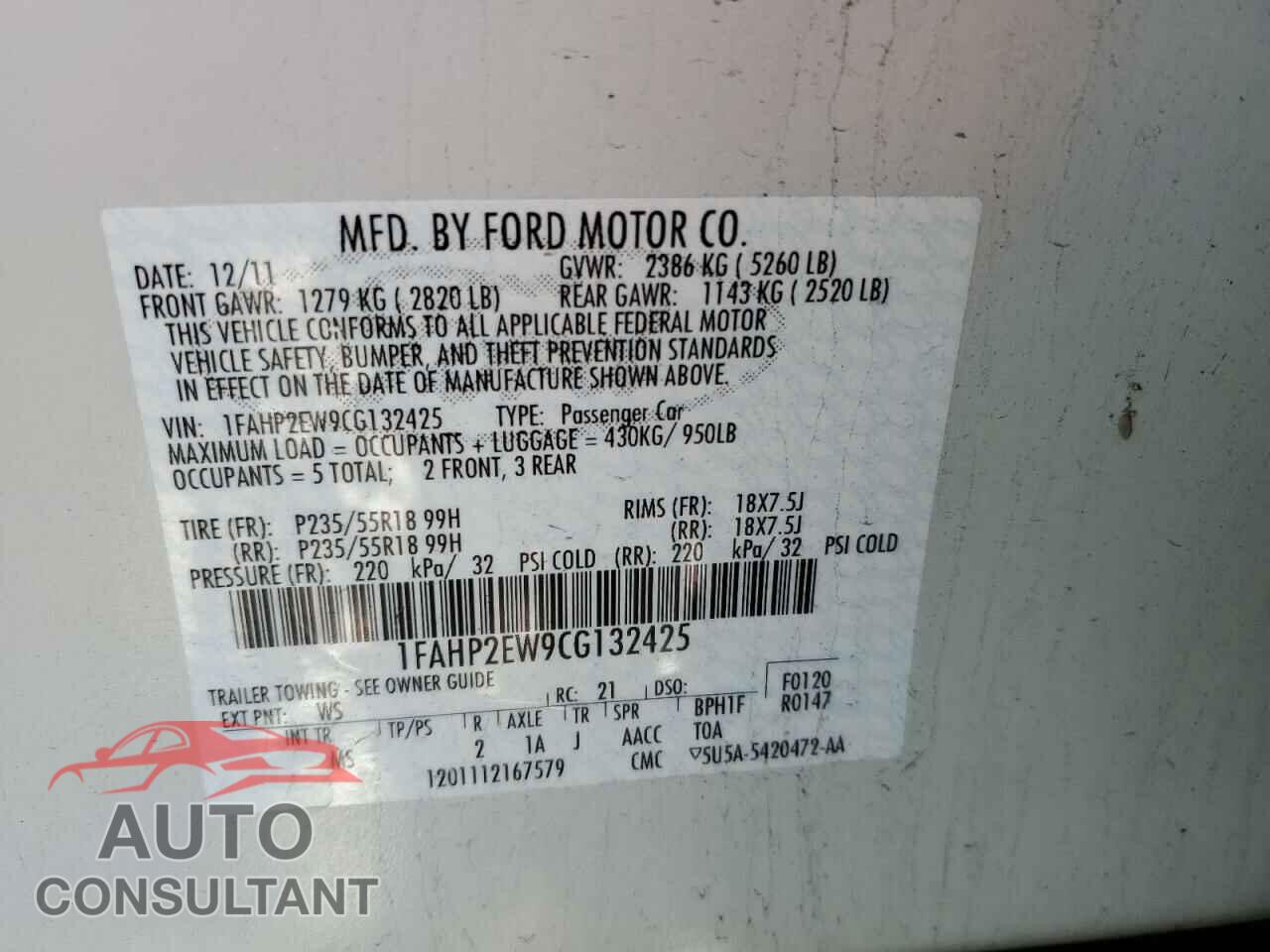 FORD TAURUS 2012 - 1FAHP2EW9CG132425