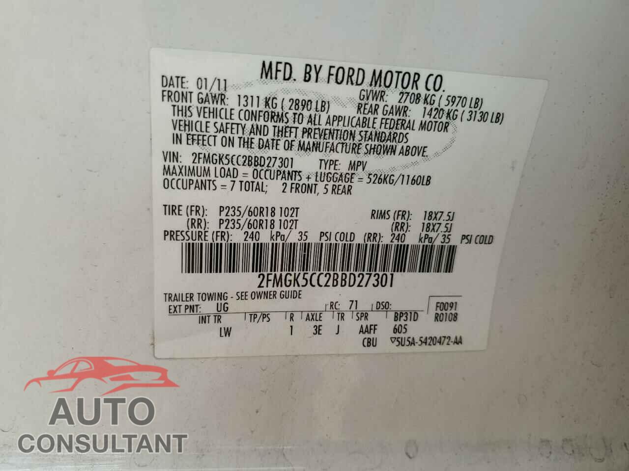 FORD FLEX 2011 - 2FMGK5CC2BBD27301
