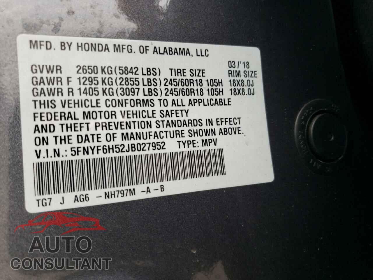 HONDA PILOT 2018 - 5FNYF6H52JB027952