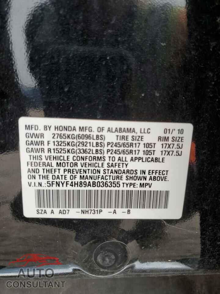 HONDA PILOT 2010 - 5FNYF4H89AB036355