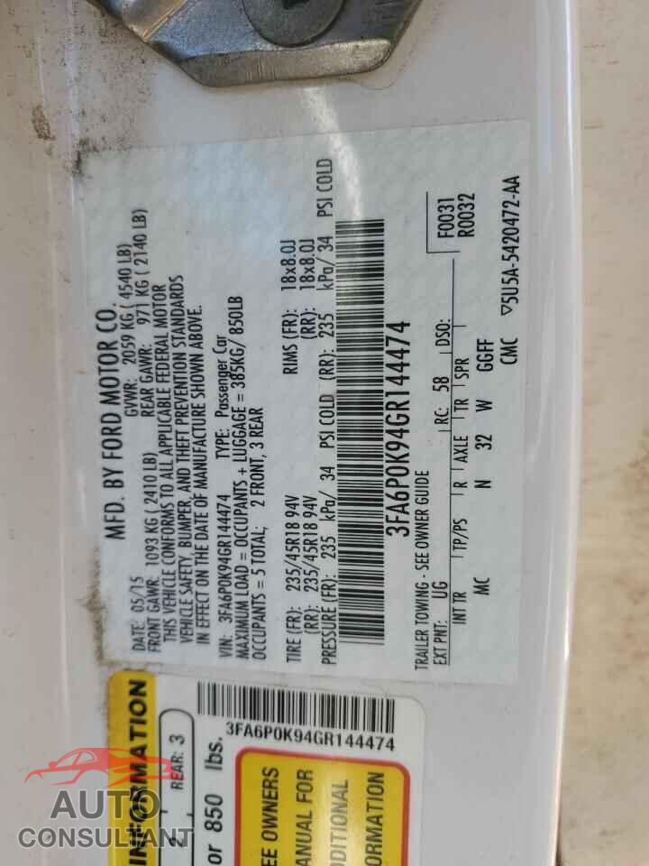 FORD FUSION 2016 - 3FA6P0K94GR144474