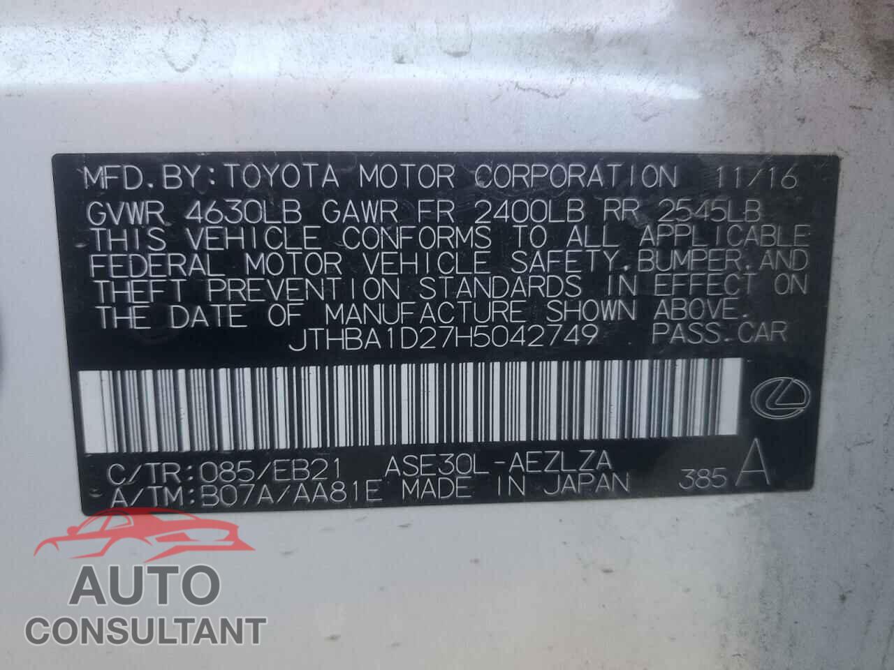 LEXUS IS 2017 - JTHBA1D27H5042749