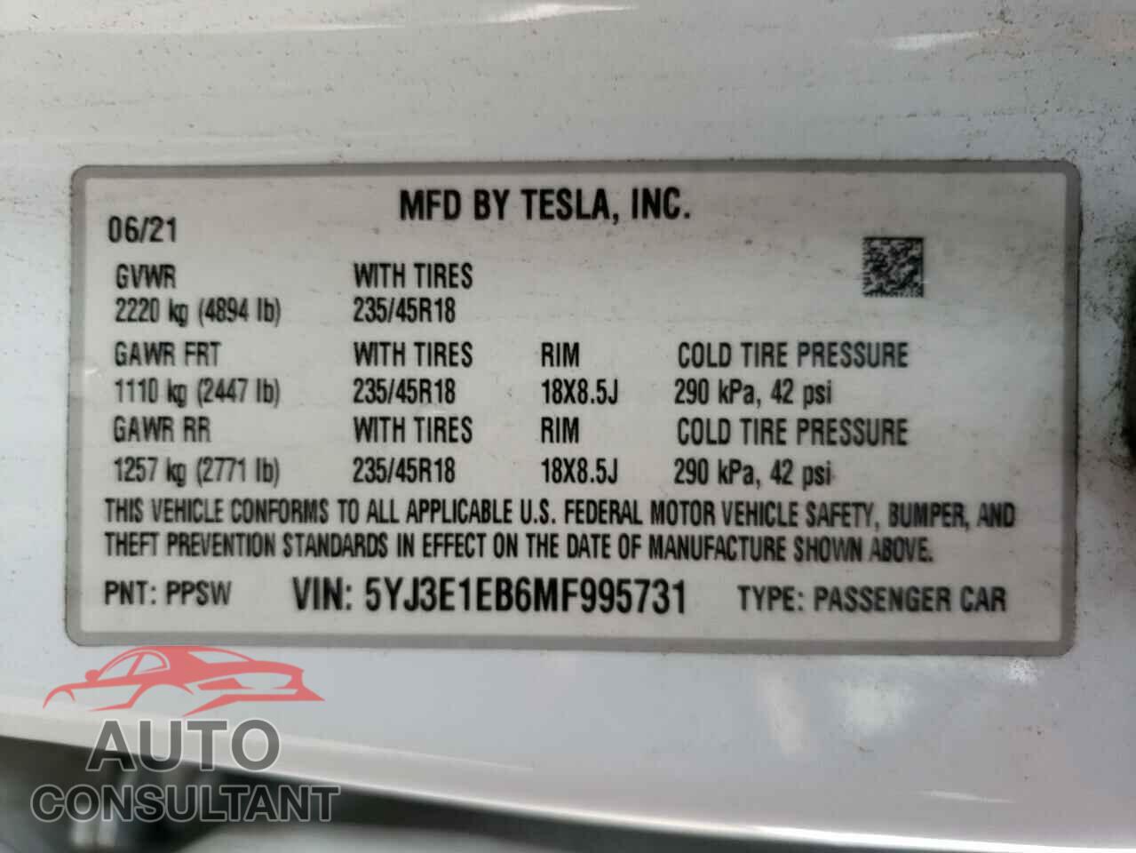TESLA MODEL 3 2021 - 5YJ3E1EB6MF995731
